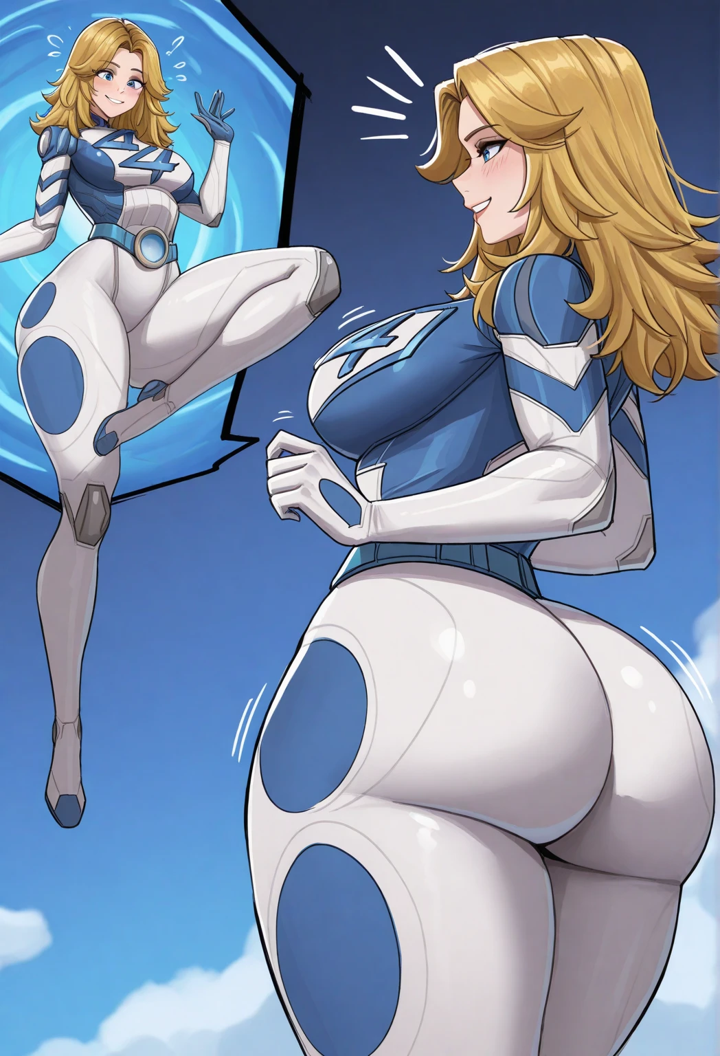 MILF scientist with loose breasts minimally covered by an open white coat, black thong, huge tits, Carol Danvers face, blonde, long hair pulled back by a ponytail, sexy glasses, huge SFW tits, thick lips, small nose, green eyes, freckles on the face, stylized hips, stylized legs, huge breasts, comic drawing style, huge breasts, Full body, high heels, perfect smile, perfect body, perfect ass, marked perpples