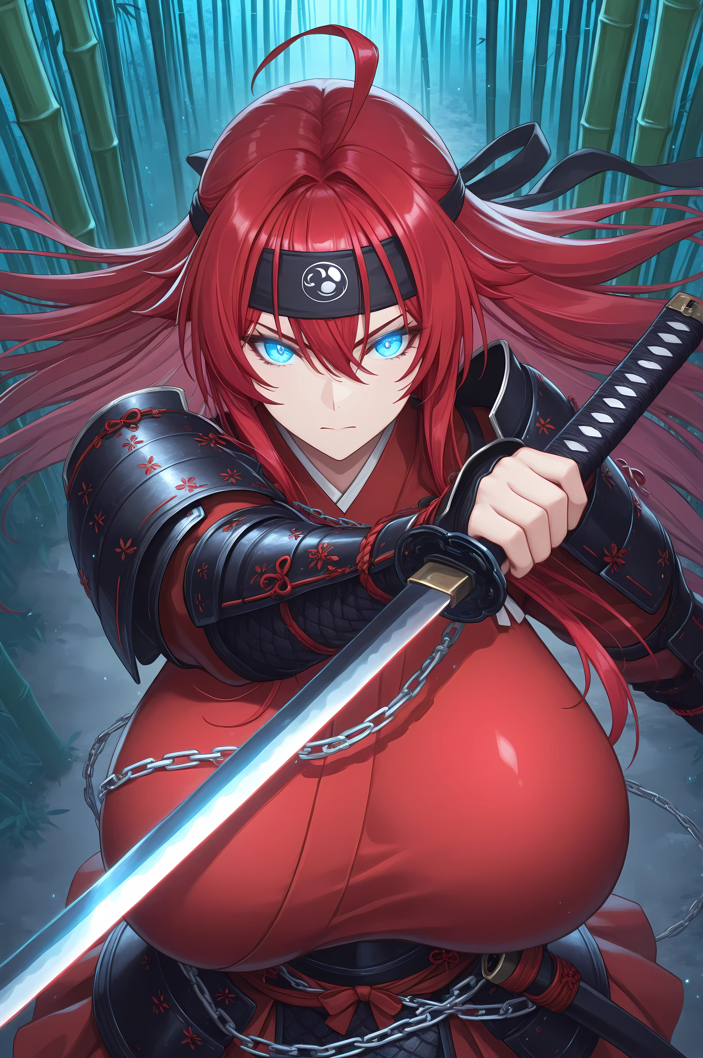 1girl, adult woman, long_hair, bright red hair, ahoge, holding weapon, bright red fantasy katana, black headband, gigantic breasts, dress chain-mail, samurai armor, spaulders, glowing blue eyes, bamboo forest background, dynamic pose, digital art style, portrait, close-up katana, view from above,best quality,masterpiece