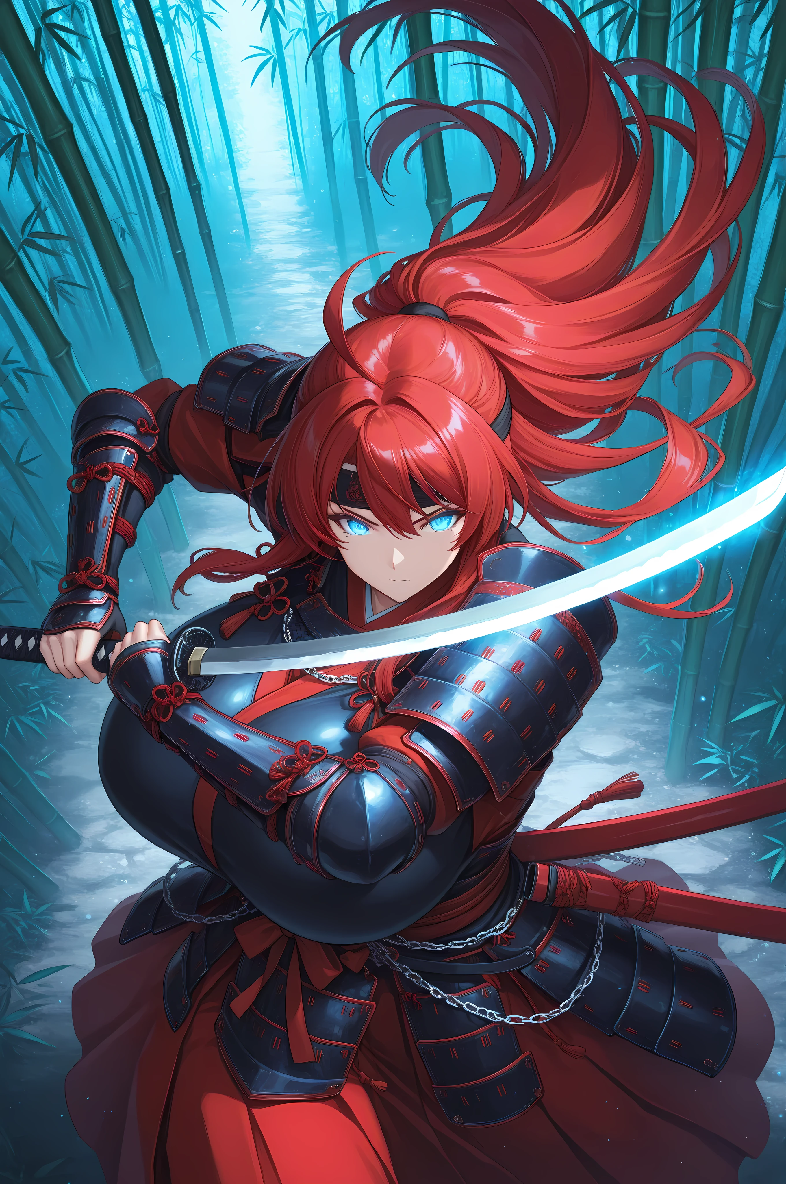 1girl, adult woman, long_hair, bright red hair, ahoge, holding weapon, bright red fantasy katana, black headband, gigantic breasts, dress chain-mail, samurai armor, spaulders, glowing blue eyes, bamboo forest background, dynamic pose, digital art style, portrait, close-up katana, view from above,best quality,masterpiece