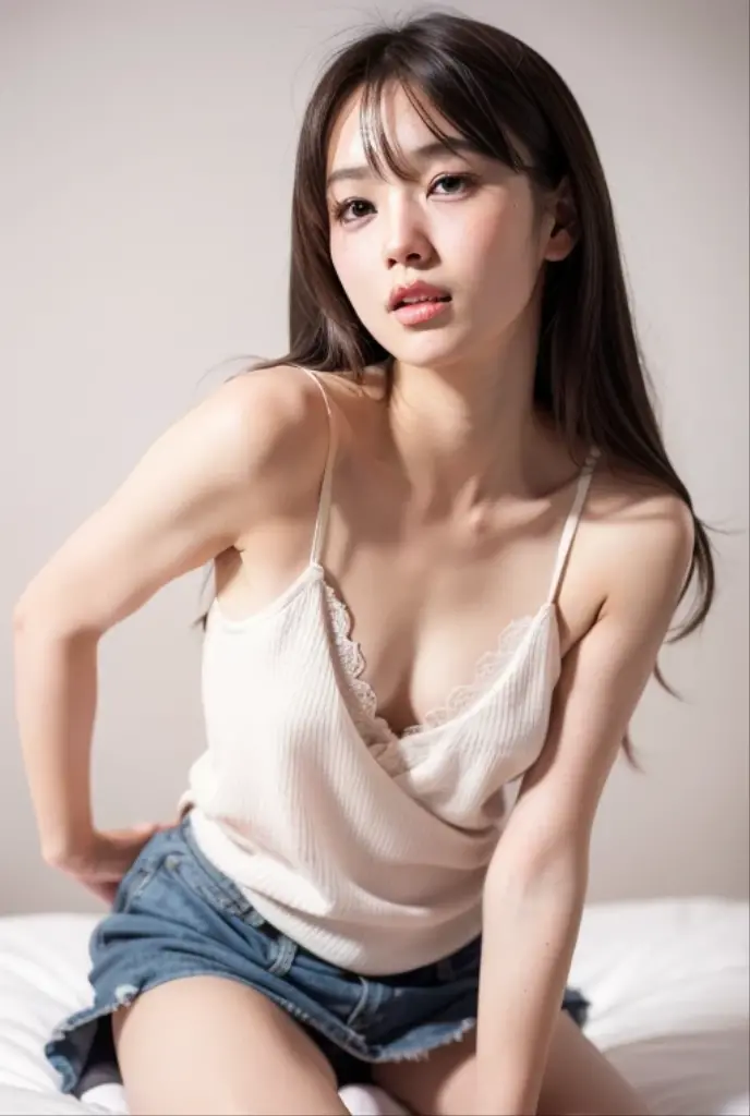 (Sillamäe:1.5), A slender, ​masterpiece, top-quality, Raw foto, Photorealsitic, faces, Incredibly absurd, beautiful a girl, cute little,With bangs, hair messy, depth of fields, hight resolution, ultra-detailliert, finely detail, ighly detailed, extremely detailed eye and face, Sharp pupils, Realistic pupils, foco nítido, Cinematic lighting,White panties are visible from the skirt、no-bra、Nipple bumps、20 years girl、There is nothing inside the camisole、Put your butt back on camera、Only the face is looking back at the camera、is standing、White silk camisole、White silk panties、((tiny chest、straight flat chest、Chest without bulge)),Braids