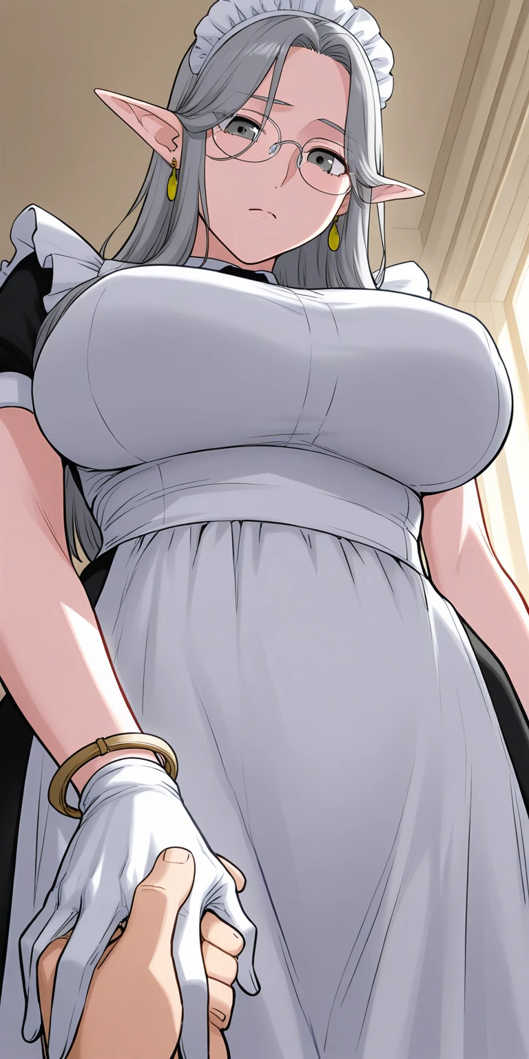kumashiro maya, hairband, (white dress), bracelet, black thighhighs, makeup, mascara, 1girl, solo, black hair, NSFW, (microdress), (golden), (bodycon), blush, eyeslashes, fishnet stockings, (face focus), (handbag:0.8), (o-ring:1.2), choker, jewelry, necklace, BREAK masterpiece, best quality, glowing skin, mature figure, voluptuous body, shiny skin, mature women, gigantic hanging breasts, from the front,