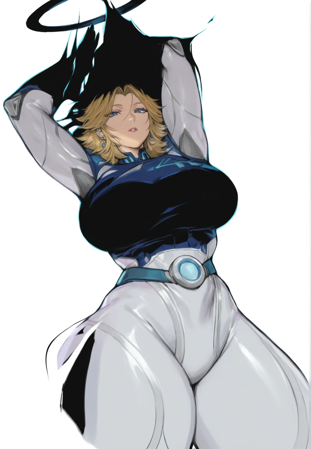 style manga boku no hero academia,wide,blue eyes,15 year old girl,full body front side and back,very pale skin,Style manga,Style: Boku no Hero,15 year old girl,knee length blonde hair,pale skin,slanted blue eyes with long eyelashes,full body front side and back,with a mole under the eye and another on the lip,with dark circles,big hips, big legs,curvy woman body,clothes white dress,pale skin