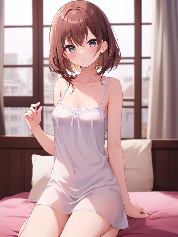 Best Quality, masutepiece, ((Solo, 1girl in)), Misaka Mikoto, Short hair, fine detailed shiny eyes, Small chest, High resolution, The best lighting, Extremely detailed illustrations, blush, embarrassed, Smile, Open mouth, Realistic white panties, crotch seam, Cameltoe, window, day, on the beds, NSFW, Lori, pantyshot, Spread legs, maid clothes、 No shorts, Wet panty crotch