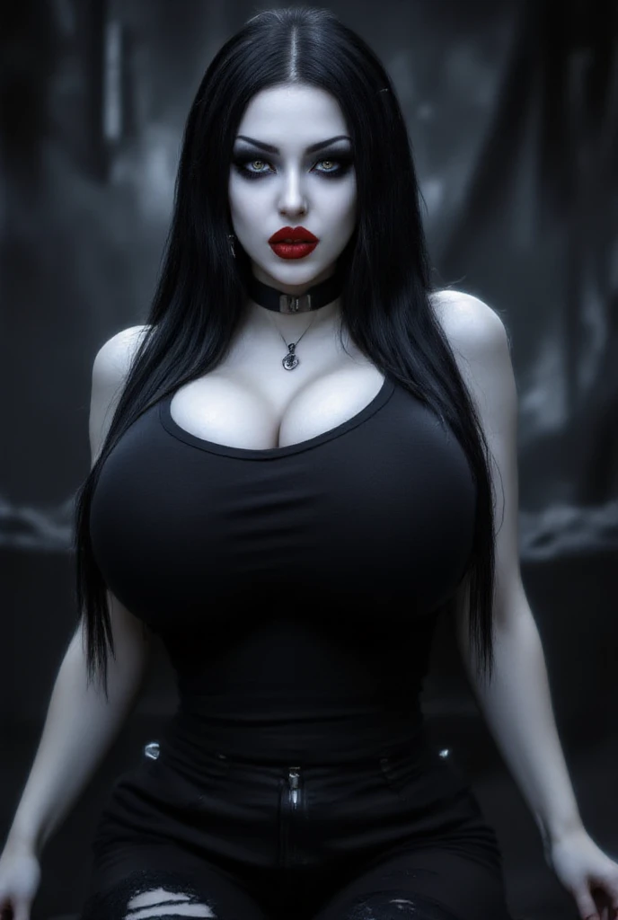 ((face close up, shot in the face)) ((sexual, tall and very beautiful death goddess)) ((dark eye shadow makeup)) ((bright red lipstick)) ((very pale skin)) ((big bright grey eyes)) ((very long straight black hair with bangs, closing one eye)) ((big breasts:1.5)) ((Weras strapless top)) ((necklace)) ((Gothic, dark fantasy)) ((a high resolution:1.5), ((dark ambient)) ((Pale Lights)) ((masterpiece:1.5))((8 K:1.7)) ((Best quality:1.4)), More_details:-1, More_details:0, More_details:0.5, More_details:1, More_details:1.5,