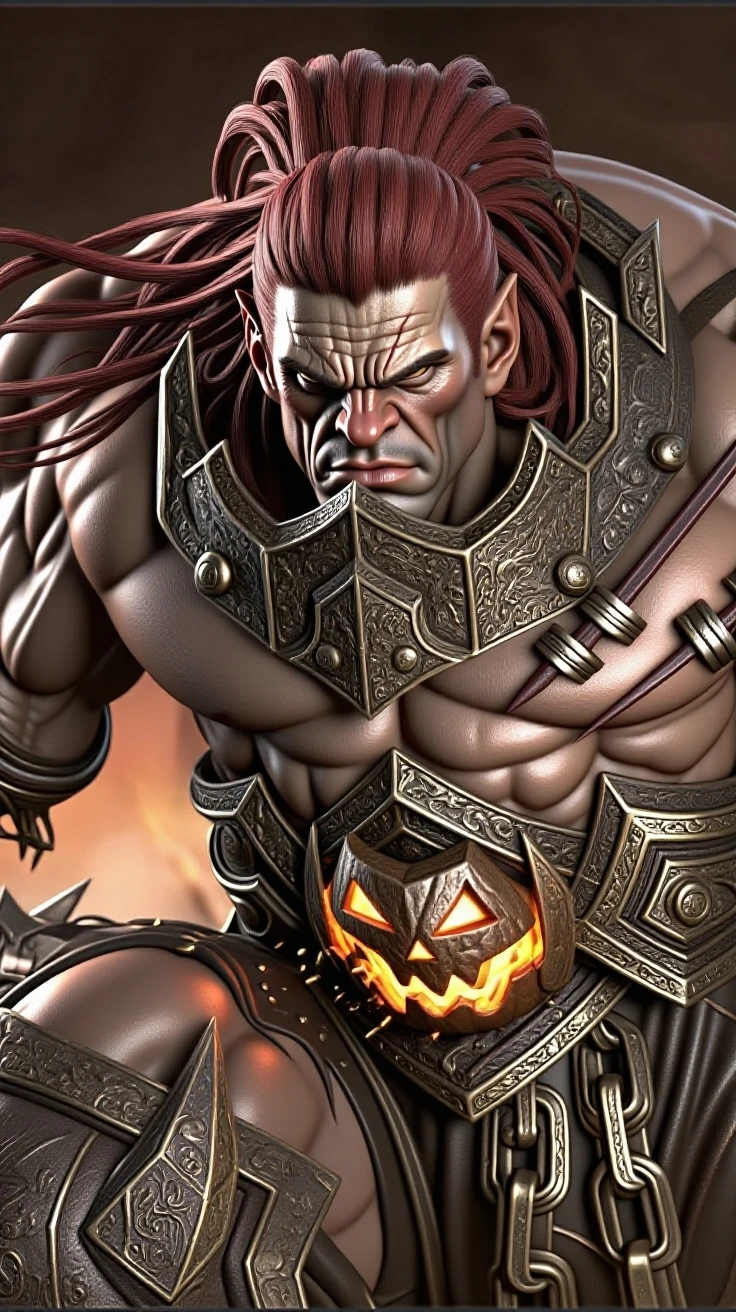 masculine male, masterpiece, ((perfect eyes)) best quality, (semirealism:1.9), beautiful lighting, (extremely detailed CG unity 4k fhd wallpaper), High Detail, Sharp focus, dramatic outdoors,40 years old, brown short hair, blue eyes, smile, Boy with two big horns, big earrings on ears, elf ear, red eyes, Thick eyebrows, evil smile, grinning,red body, red face, Burning skin, yellow diamonds glistening on chest, burning red skin,golden robe behind, big white belt , 8k , realistic, scary.