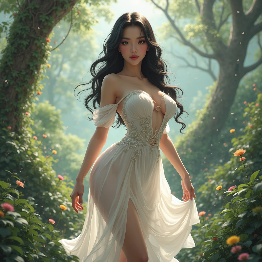 Breathtaking 8K, Masterpiece, Beautiful woman, (See-through dresses), full bodyesbian, ((In an ancient forest)),((Pangu Big Tree)), ((Flowers and plants)),