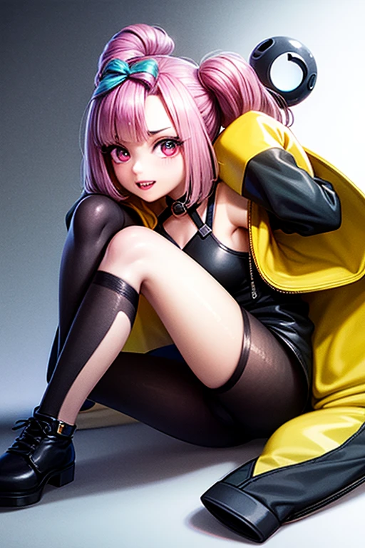 女の子1人、The upper part of the body、lo fashion　leather jackets　(top-quality:1.4)、(Glossy skin)　A smile　modeled　Excellent style　body suit　Huge room　leather jackets　Pink hair