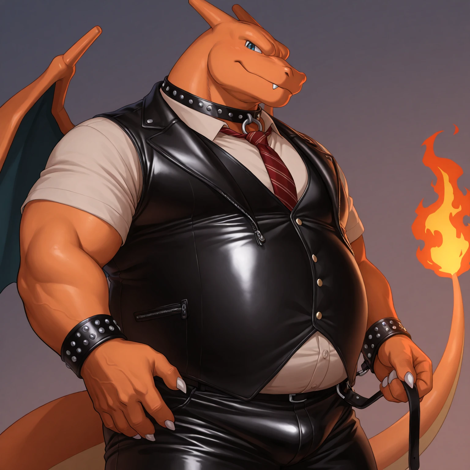 Solo, Male, fat, extremely obese, gentleman, dapper Professor Charizard, blue eyes, (posing:1.3), (soft shading), 4k, hi res, ((detailed face, detailed)), looking at viewer, mouth wide open, steampunk, dapper clothing, collared shirt with buttons, top hat, male focus, Explorer Outfit, glasses, monocle, vest with buttons, sleeves rolled up, round eyewear, brown headwear, brown vest, office, Charizard is wearing a glossy leather dog collar around the neck, Charizard is wearing the leather collar and shirt and vest at the same time, Charizard is wearing glossy white rubber gloves on the hands, wearing white rubber gloves on the feet, gloves are rubber in texture, clenching teeth, clenching fists, leather collar is glossy and shiny with a lot of detail, Charizard is wearing gloves and leather collar at the same time, leather collar has a round dog-tag, leather collar is thick and detailed, leather collar is glossy and shiny, fancy clothing, dapper vest, dapper shirt, leather collar is thick, glossy leather collar.