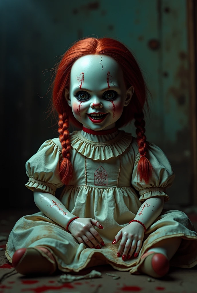 Dark fantasy A doll with red hair with Pigtails Gray eyes, red lipstick with blush and transparent spots on the face With a blue and white dress and a shoe Black in A glass box sitting with red light