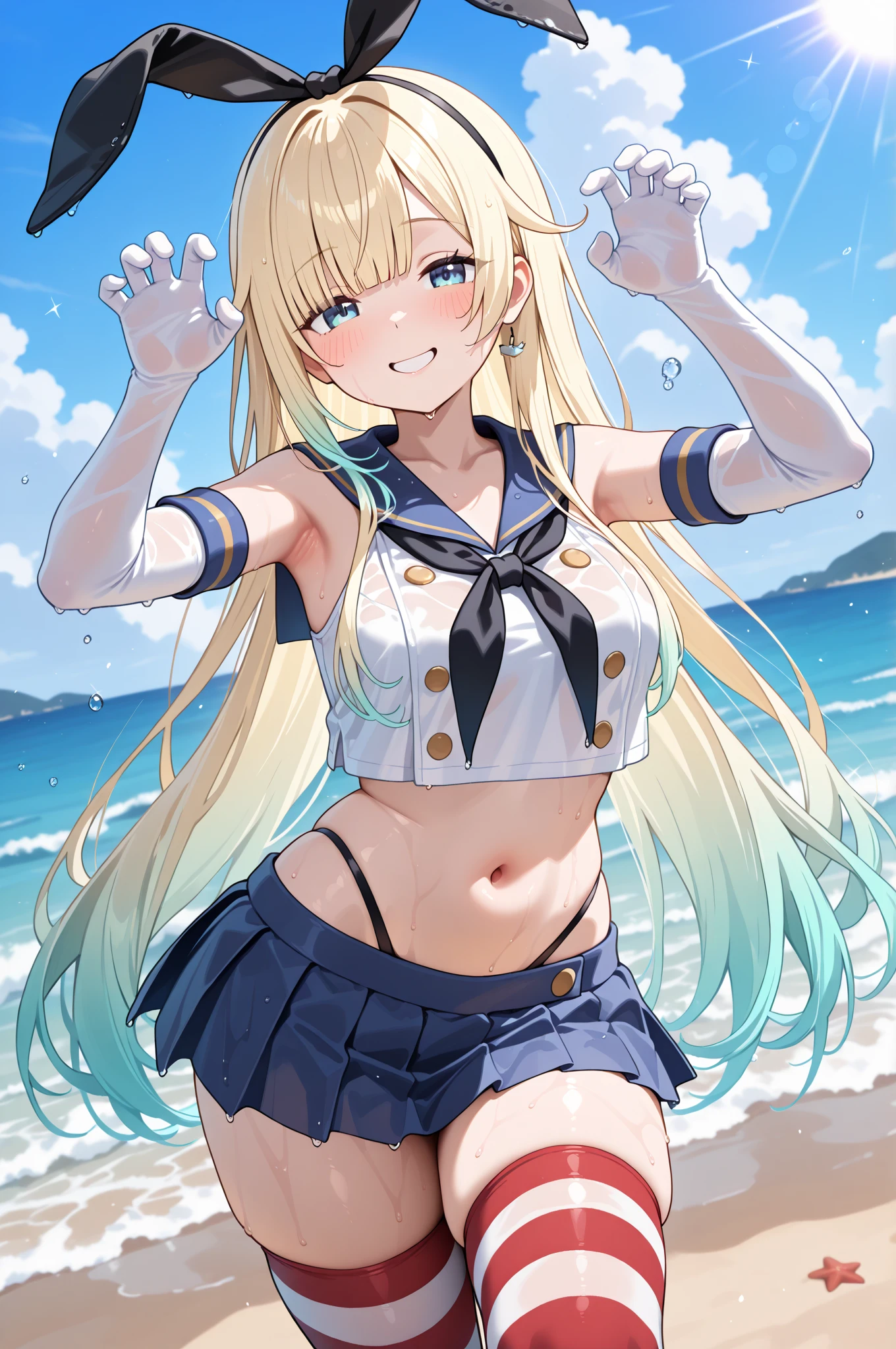 masterpiece,(ultra-detailed),1girl, mysterious heroine xx \(fate\), half_eyes,smile,open mouth, swimsuit, white bikini, side-tie bikini bottom, shrug \(clothing\), jacket,  thigh strap, wristband,  large_breasts, ocean, splashing,blonde_ponytail,open_legs,cap,happiness,standing,
