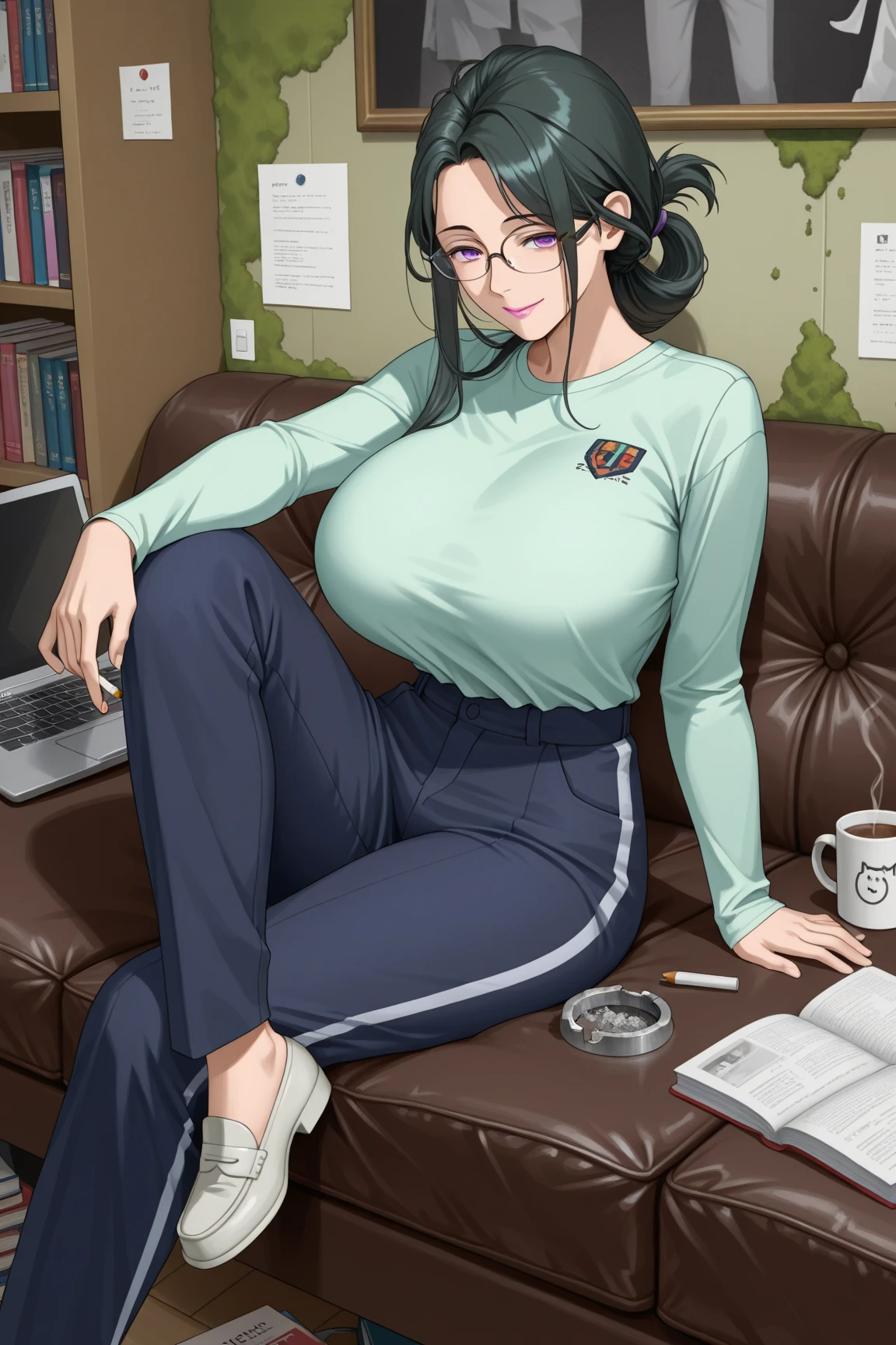 masutepiece, Best Quality:1.2),Detailed face, Detailed inner corner of the eye、eye glasses、big afro、Forehead、Large breasts, Big ass、Female sexy, leopard print jumpsuit, Wide pants、Inside the office, Sitting on a chair