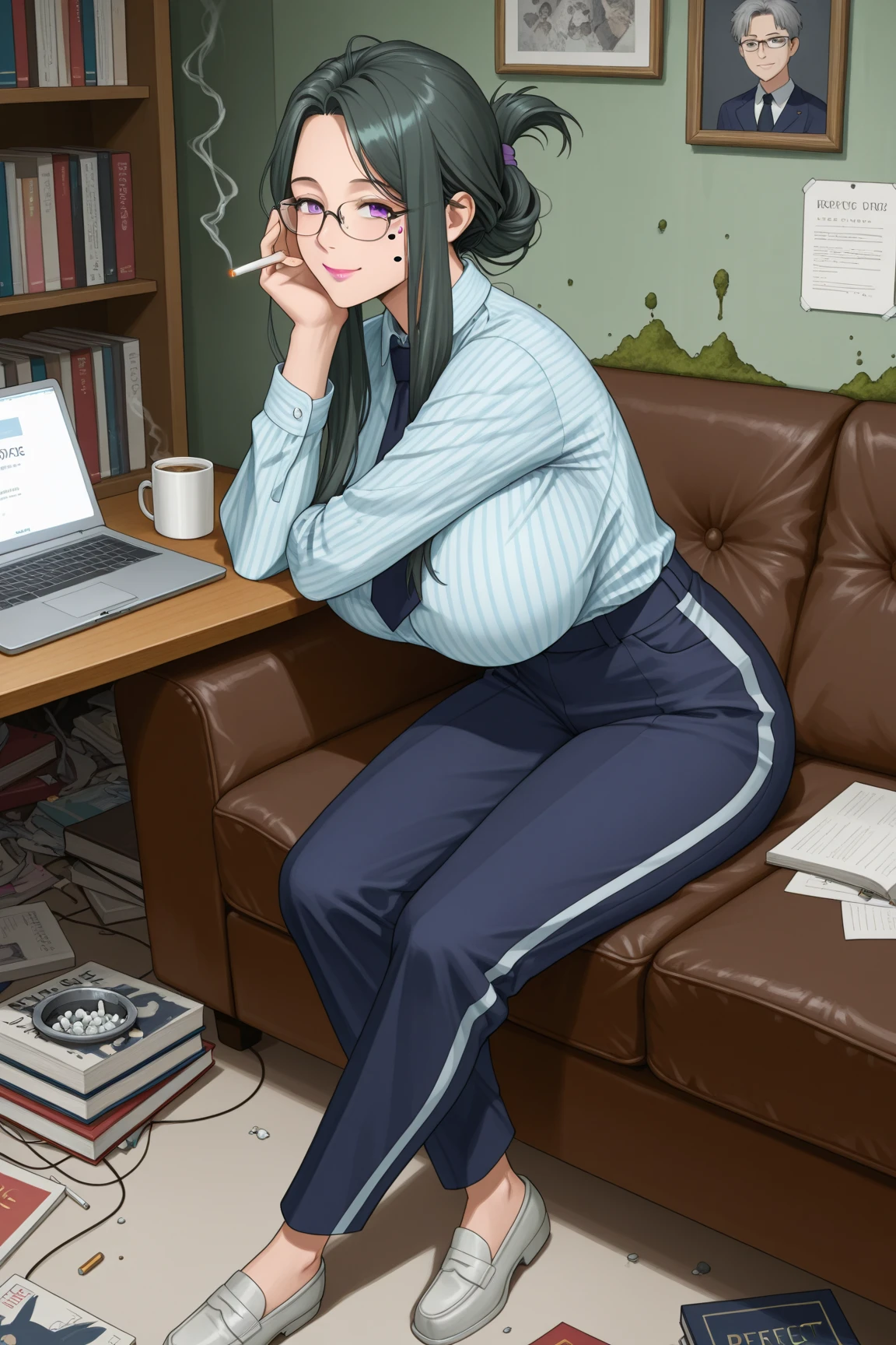 realistic, high quality, <lora:steampunkengis_katawashoujo_rintezuka:1>, 1girl, solo, no arms, two legs, green eyes, red hair, smile, sitting, green pants, white shirt, necktie looking at viewer, (armless amputee:1.2),