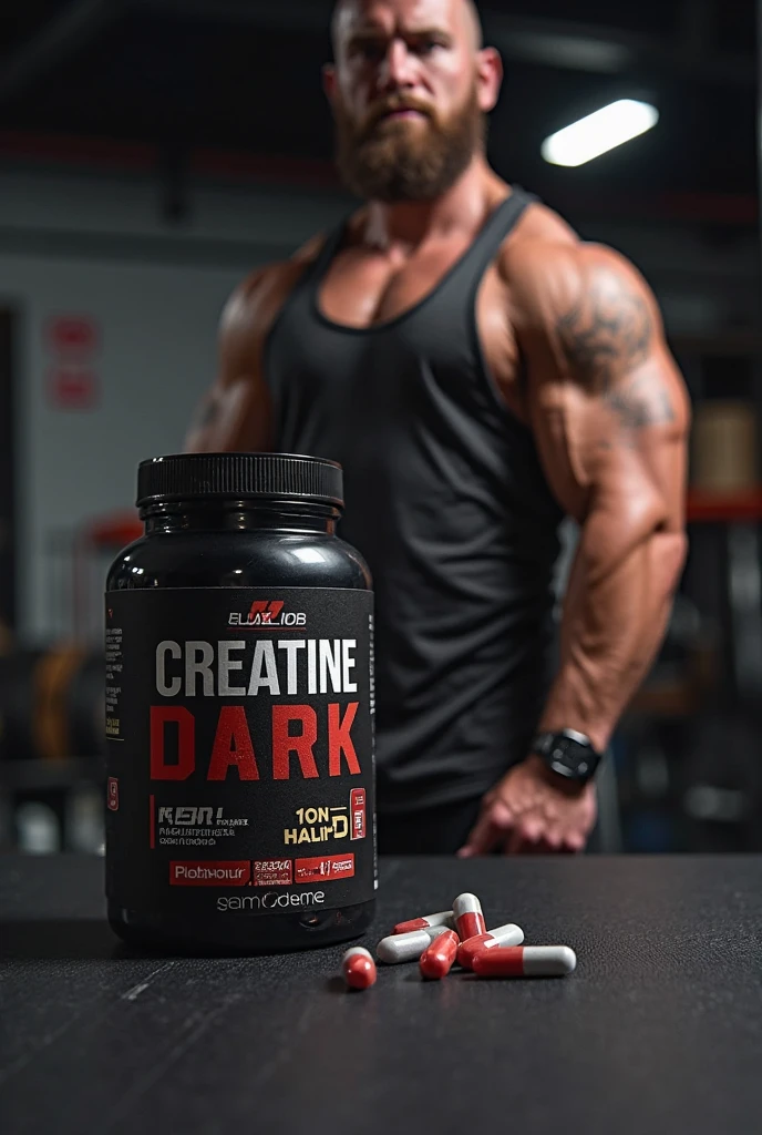 small jar of creatine on top of a bodybuilding equipment with a strong man behind with blurred image