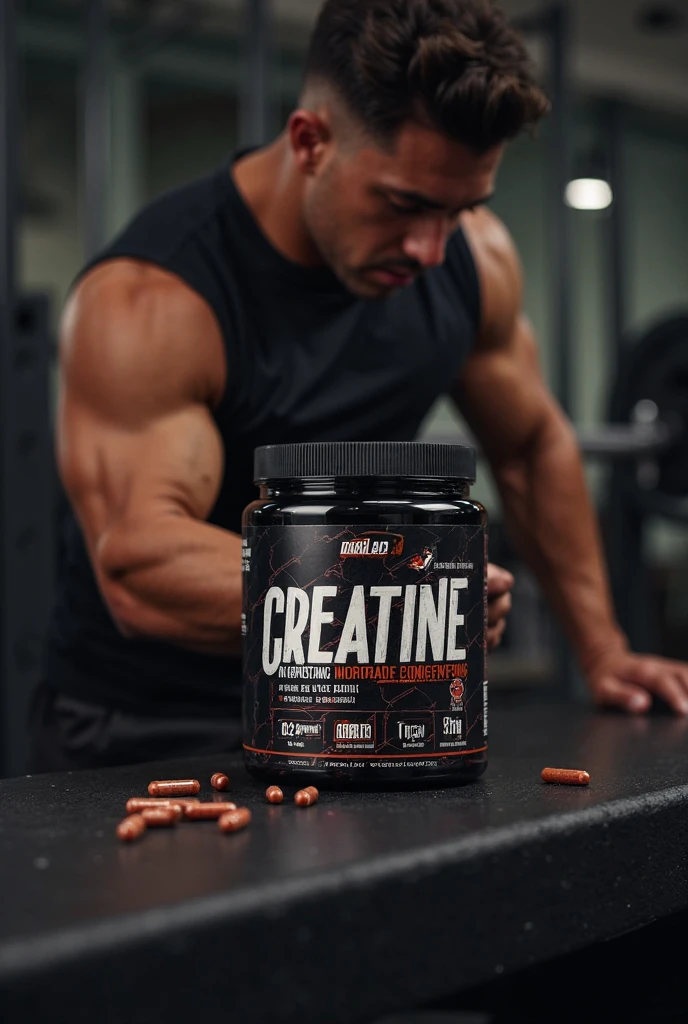 small creatine jar on top of gym equipment with berries behind the jar, with a man doing bench presses in the gym with a blurred background