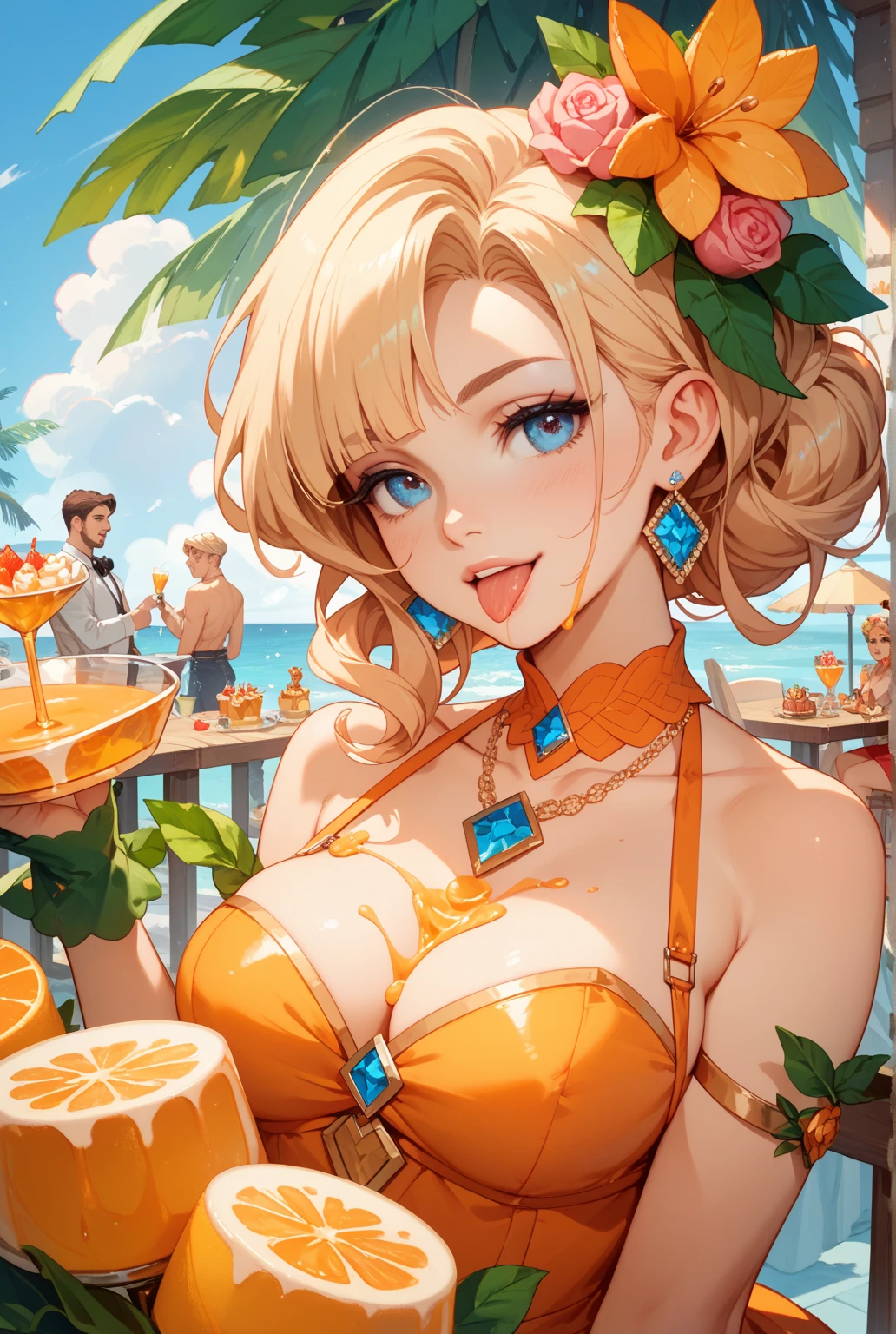 (Highest quality,8k,32K,masterpiece,Ultra-high resolution :1.2 ),born,One girl,Super cute,Natural light,Clear, shining eyes,20-year-old,Fair skin,Summer external electronic world fantasy background,Golden Hair,Large Breasts,Drinking melon soda,Looks hot,Hair tied up,