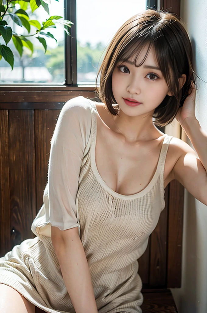 (masterpiece, highest quality、super dense skin、get used to it),1 girl, alone,Beautiful symmetrical face、 hyper realistic, realistic,realistic, light brown eyes stare at the viewer,Brunette short bob hair with highly detailed shiny hair:2、intense eye highlights), See-through brightly colored winter clothes,Lovely see-through costume full of charm、 lips,lip gloss, outdoors, Upper body、Big eyes、eyelash、{Huge|big|Hugeな|mega} chest:2, cleavage:2、(Big eyess short bob hair beautiful detailed eyes、Adds intense highlights to your eyes with eye-catching light、large full chest、look at the audience、she is very beautiful and cute、show me your ears、long neck:1.4、smile、Close your mouth and smilee、perfect anatomy、ideal body proportions、Please tilt your head slightly)、(Snow-covered tree-lined street in Norway in winter)、(she is a very cute and attractive woman)、portrait:2、perfect anatomy