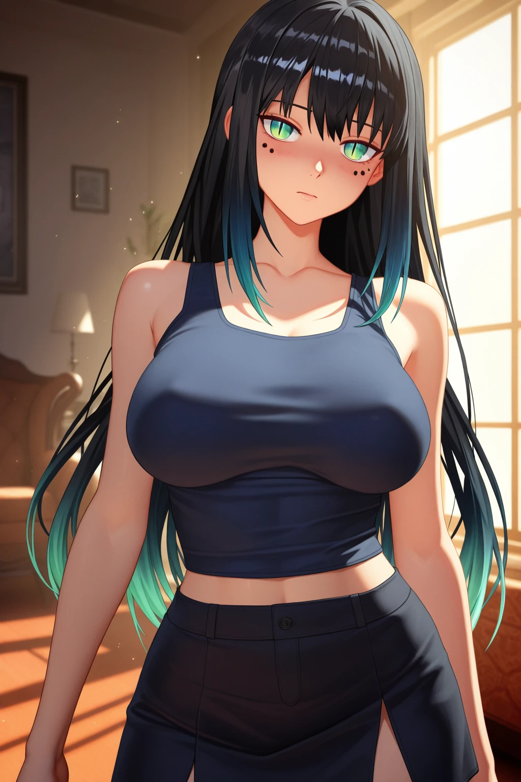 best quality, 
highly detailed, 
masterpiece, 
ultra-detailed, 
(bedroom:1.2), 
rinko-iori, 
wide hips, 
low ponytail, 
cowboy shot, 
blue eyes, 
yoga_pants, 
standing, 
sports bra, 
<lora:Rinko_Iori:0.8>,