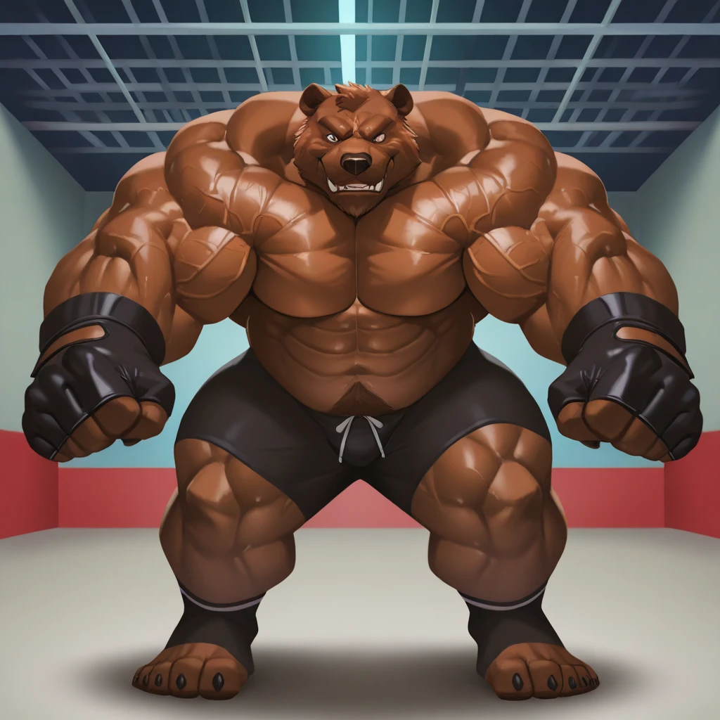 a huge muscular old grizzly bear, bane from batman, extremely detailed, hyper realistic, 8k, photorealistic, ultra detailed, extremely sharp focus, intricate details, cinematic lighting, dramatic shadows, powerful presence, wrestler mask, fierce expression, veins popping, huge muscles, thick fur, sharp claws, intense eyes