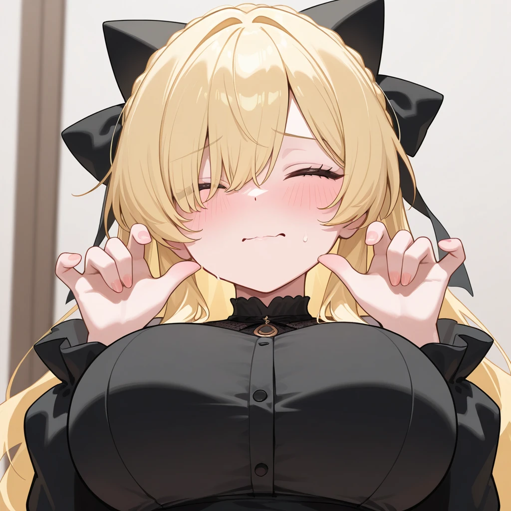 score_9, score_8_up, score_7_up, score_6_up, uncensored, miyako ishida, long hair, bangs, blonde hair, black hair, hair between eyes, green eyes, multicolored hair, two-tone hair, BREAK (masterpiece:1.2), best quality, high resolution, (detailed eyes:1.3), perfect lighting, (perfect hands, perfect anatomy), large breasts, sitting, indoors, head rest, from below, casual, ribbed sweater, table, fellatio gesture, tongue out, saliva, gasping, heavy breathing, blush face