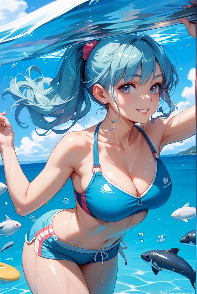 (masterpiece), (best quality), (ultra detailed),(disheveled hair),(illustration), (1girl), (Fashionable clothing), standing, Fashion model, looking at viewer, (interview), (simple background),beautiful detailed eyes, delicate beautiful face, Floating,(high saturation),(colorful splashes),colorful bubble,(shining), focus on face, ponytail, kamisato ayaka, light blue hair, bangs, hair ring, floating flowers, floating hairs, (shining), best lighting, best shadow,masterpiece, top quality, best quality, swimsuit party, in the water,fish,watermelon,cute style, perfect structure, summer theme
