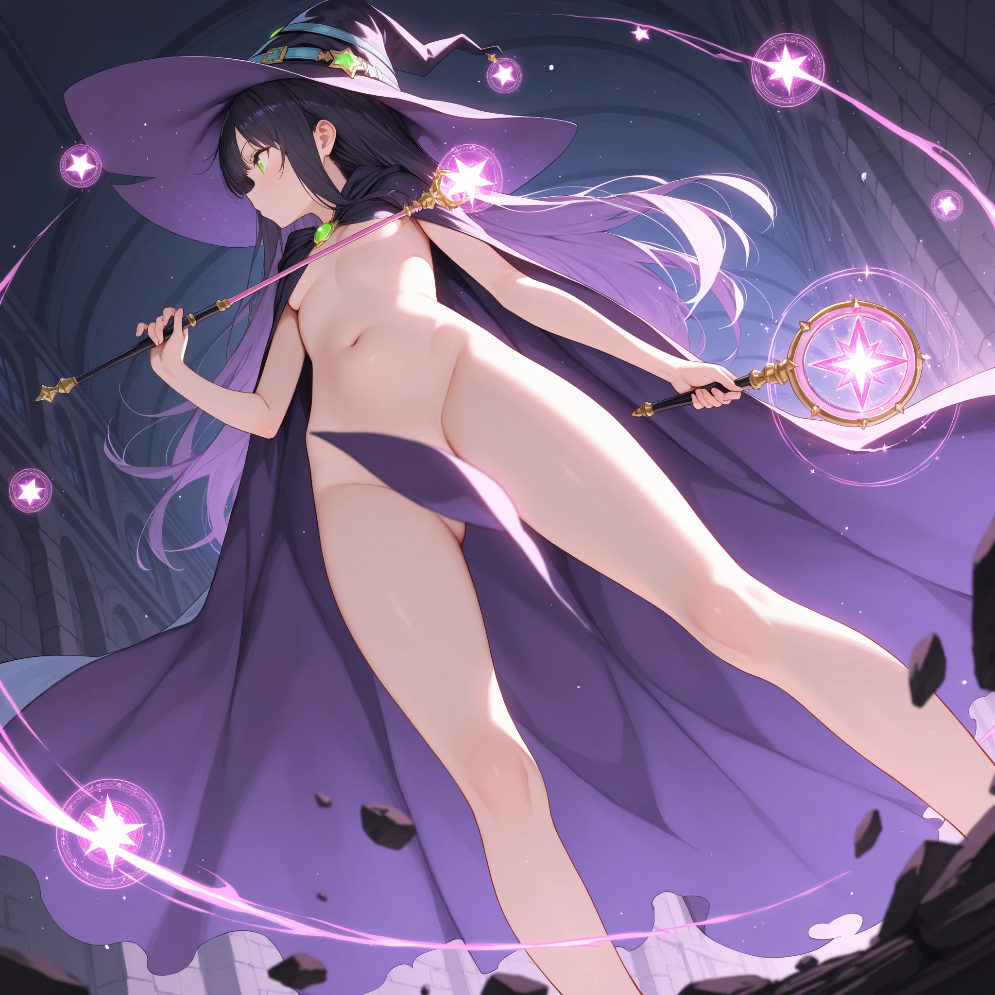 masterpiece, best quality,, cute, 1girl, upper body, small breast, slim, happy, witch hat, purple hat, big hat, star print, witch, nude, (full nude: 0.7), (light brown hair:1.1), (wavy hair, long hair:0.5), (pink capelet:0.6), (sex: 1.3), (vaginal: 1.4), (riding dildo: 1), purple dildo, riding dildo, one dildo, (nsfw: 1.1)