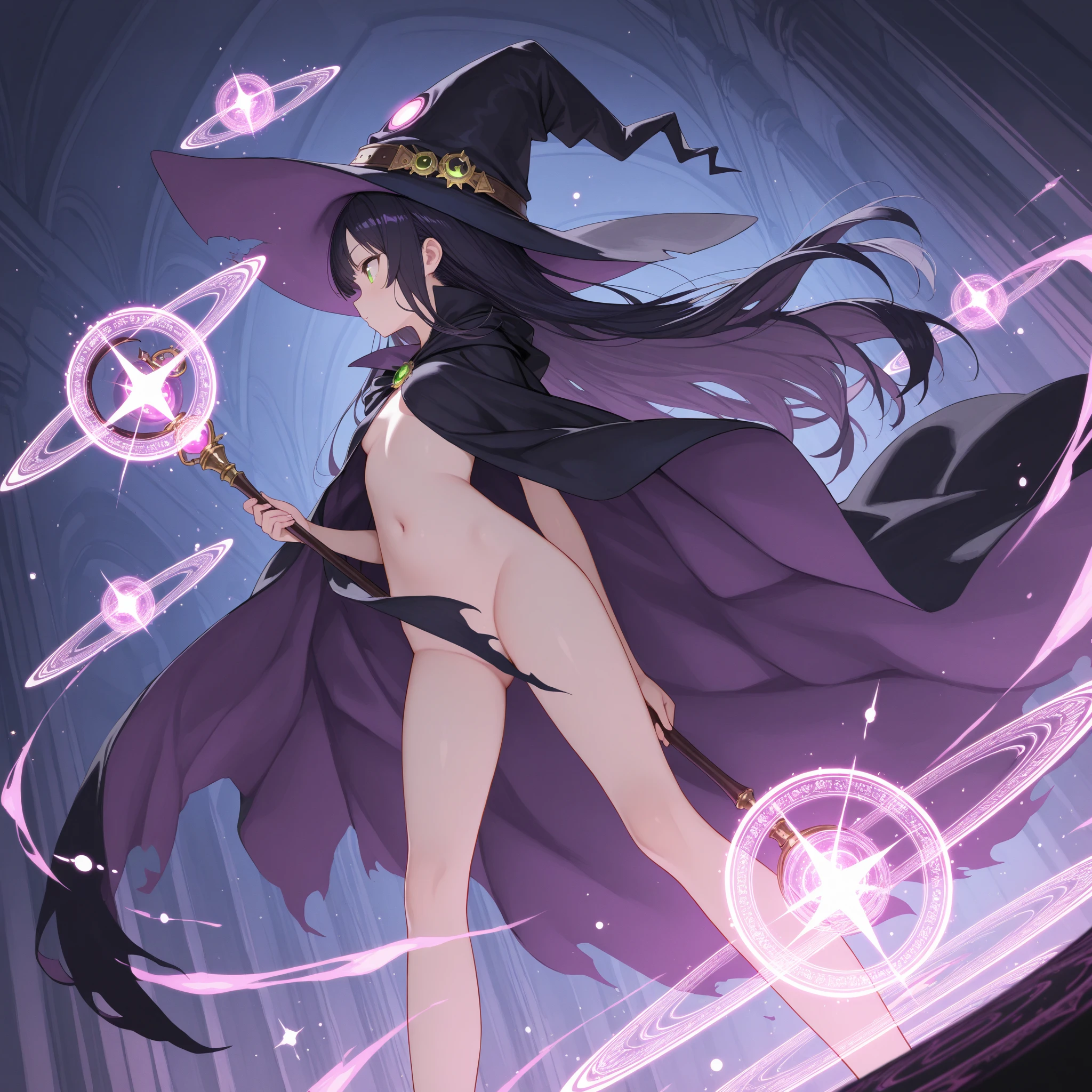 long black hair, straight hair, purple eyes, witch hat, magic staff, perfect body, sexy, rpg witch, fantasy witch, wizar robe, 25 years old, black clothes, black and purple palette, adult woman, round breasts, sorceress attire, smiling, seductive, bangs, lighting ass with staff, round ass, back view, clothed