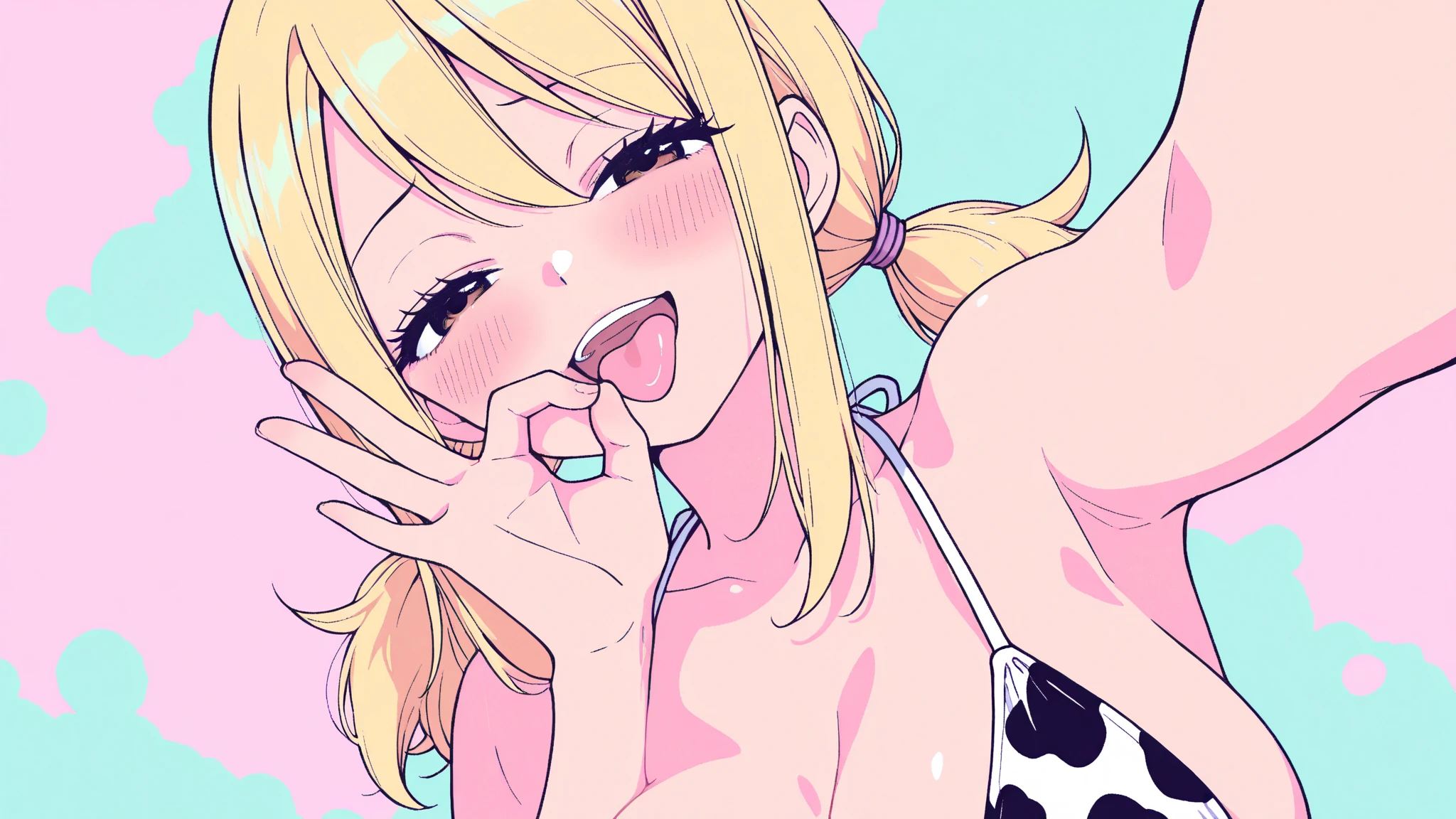 nsfw,,inuyama_aoi,aoi_inuyama,, solo girl, heart shaped pupils,{{{mosu_(5240mosu)}}},thick eyeblow,shake motion,seductive smile,sexually flirtatious glance,saliva trail,big breasts, line drawing, glossy clothes ,, sweaty clothes, ,lotion, narrow eyes,bikini,great_mosu,nururi,ponytail, greatmosu,fellatio
