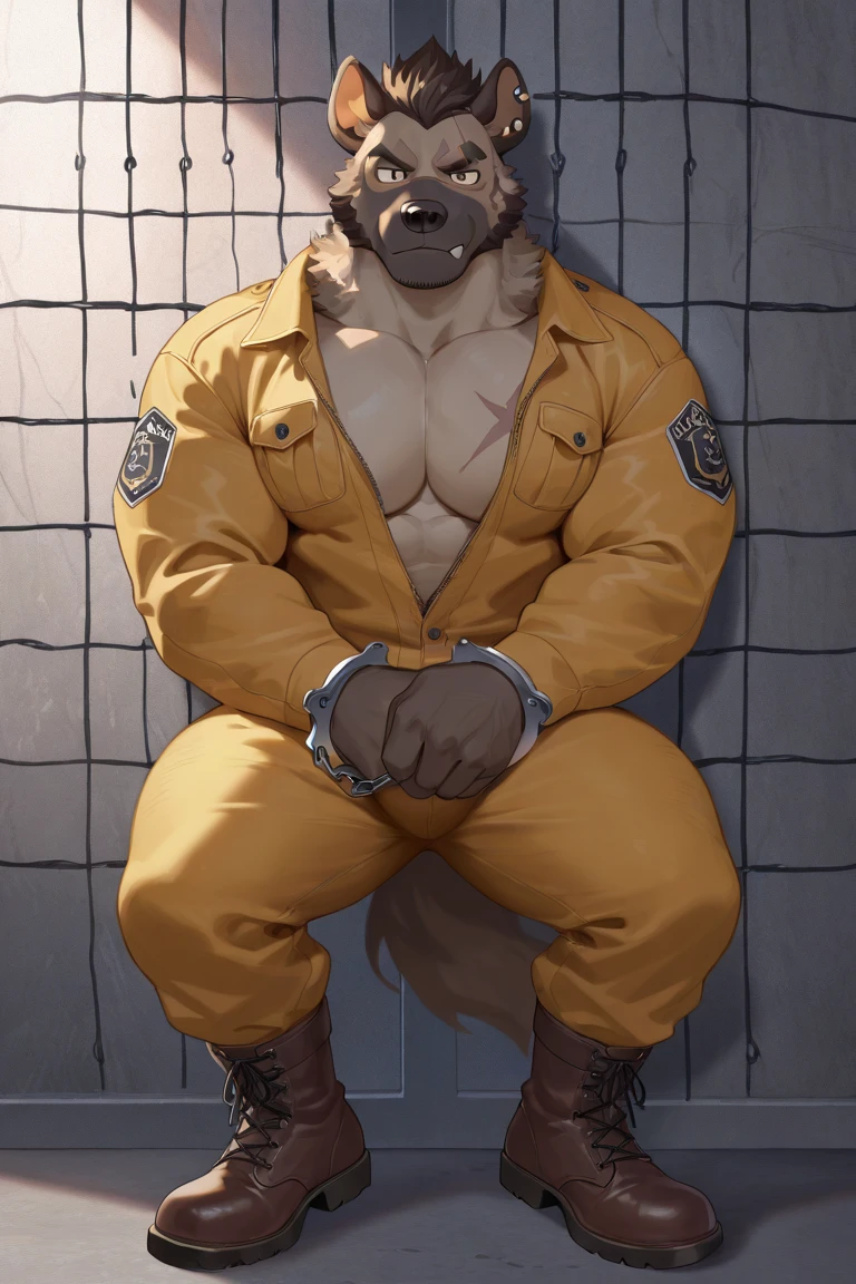 A barefoot and hypnotized lion, with a gag in the mouth, Looking up, trapped in a black straitjacket, sitting prisoner in a padded asylum cell, wearing long hospital pants, legs stretched out in front of him, visible and detailed legs.