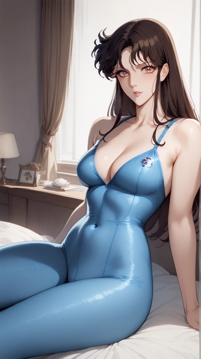 (top-quality: 1.3), (​masterpiece: 1.3), (The ultra-detailliert: 1.3), (wall-paper, one girls: 1.1)、(Detailed hands and fingers:1.2)、(Detailed ultra-oily shiny skin:1.1)、oily shiny thighhigh、(New one-piece school swimsuit in beautiful dark blue color:1.2)、(Brown pantyhose:1.3)、Luxurious bedroom、Luxurious and luxurious bed、Brown hair、Naughty face、Burning face、(Beautiful Large Breasts:1.3)、poneyTail、Beautiful sister、(Lying face down on the bed:1.2)、sexypose