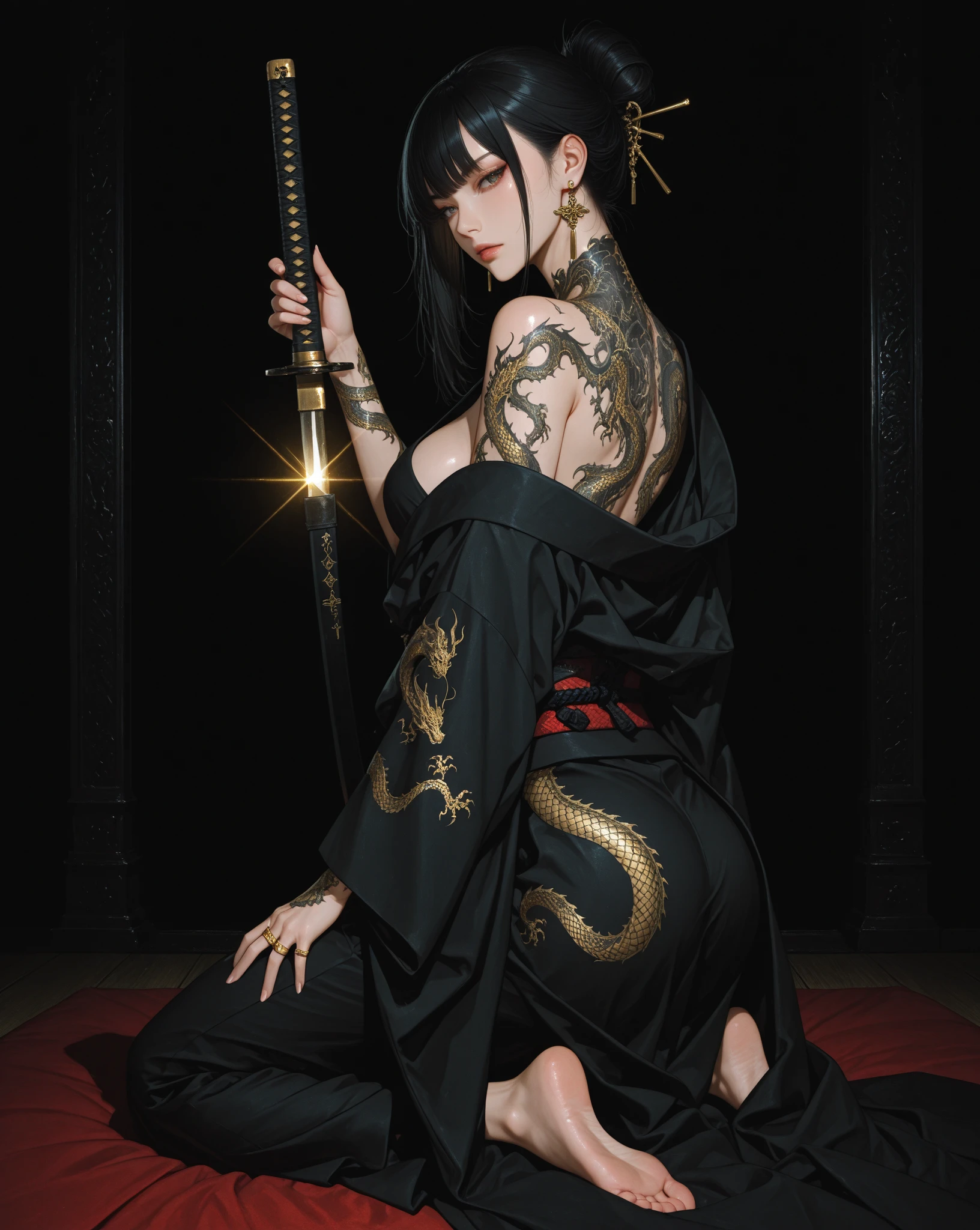 (masterpiece), best quality, expressive eyes, perfect face, HD, Benisato, kunoichi, snakes tattooed, She is a tall and matured woman with a slender curvaceous build with long legs and arms, Although a ninja herself, Benisato has the appearance of a beautiful and seductive geisha, She has porcelain skin and long dark hair tied back in a coif with a hairpin and traditional comb, Benisato is covered in serpent tattoos that come alive when she uses her powers and will usually appear naked during a battle to throw off her male victims, She wears traditional Japanese geisha robes, full body, pants, long sleeves, Vest, sandals, kimono, Hongli, snakes supranatural