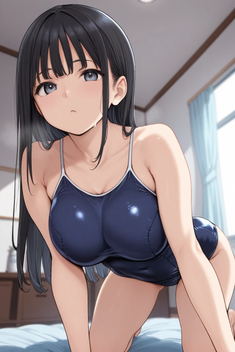 (highest quality), 1 girls, strap slip, show off nipple, bustes press, Small breasts, Nipple exposure, ((school swimsuit )), embarrassed, ((Sweat)), bedroom, Shoulder Bare, ((cleavage)), smile, exposing nipples, Low angle, black hair, Pigtails, blunt bangs, 18-year-old, Squats,