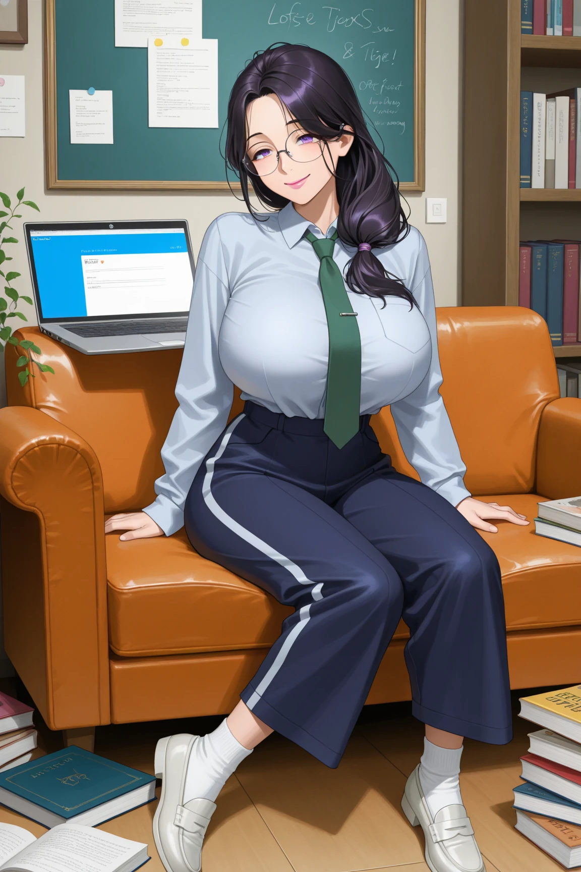 blush, smileglowing aura, natural light, masterpiece, glossy skin, juicy lips , ,sexy, hot, , cleavage, evil,juicy lips, bimbo, hour glass, indigo black hair, wide eyes, green eyes, massive , dark lighting, long hair, white bow, platform shoes, bow in hair, golden round glasses, indigo black hair, ((office outfit)), big , smile, pony tail, collared shirt