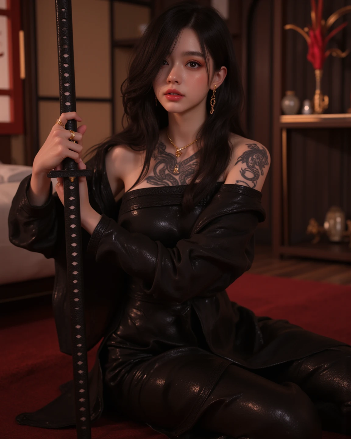 Black hair, Pink leather coat, leather pant, Perfect woman, Asian women, Enchanted, A leather sofa, underdressing, surrealism, Cinematic lighting, A picture, 8K, Super detail, hyper HD, Masterpiece, Anatomically correct, Textured skin, High details, Super detail --auto