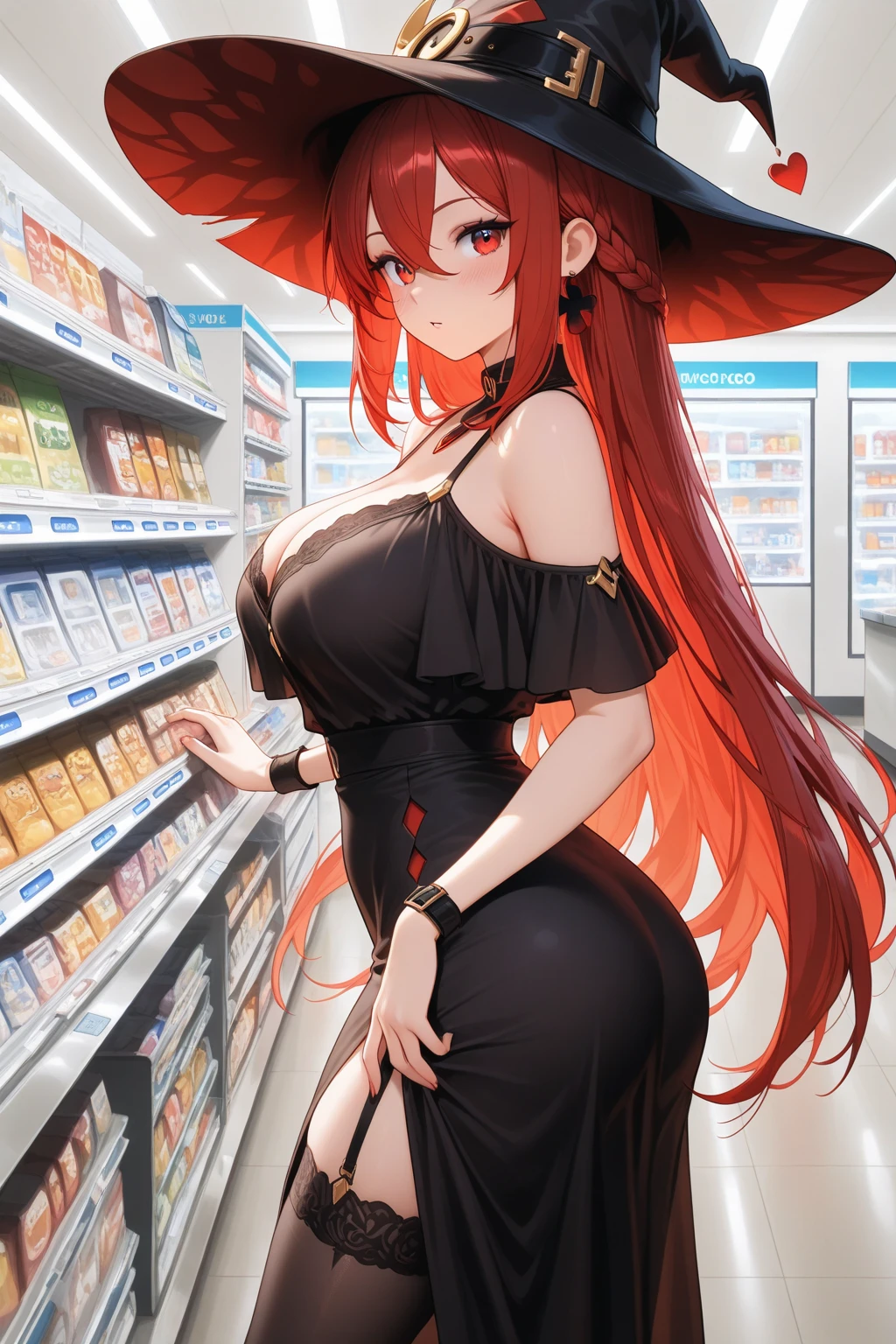 long orange hair, green eyes, large cleavage, shopping bags, shopping, mall