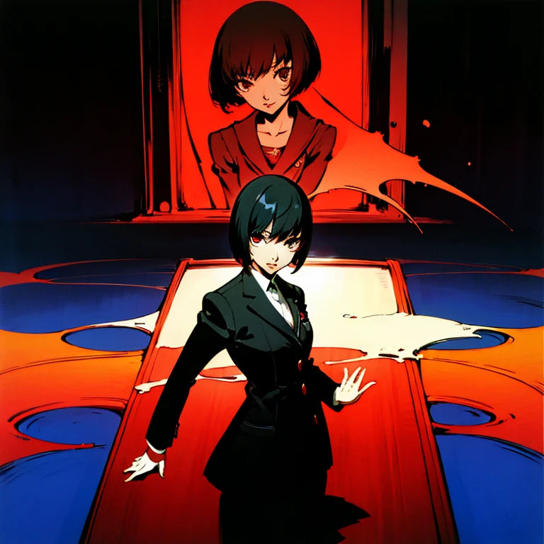 A set of anime characters in different poses，There was a light shining behind them, evangelionic illustration, Persona, Official illustration, persona art style, official fanart, by Shinoda Toko, author：Yoshihiko Wada, offcial art, author：Jason Teraoka, persona 5 art style wlop, persona 5 art style, author：Tadashi Nakayama, author：Naondo Nakamura