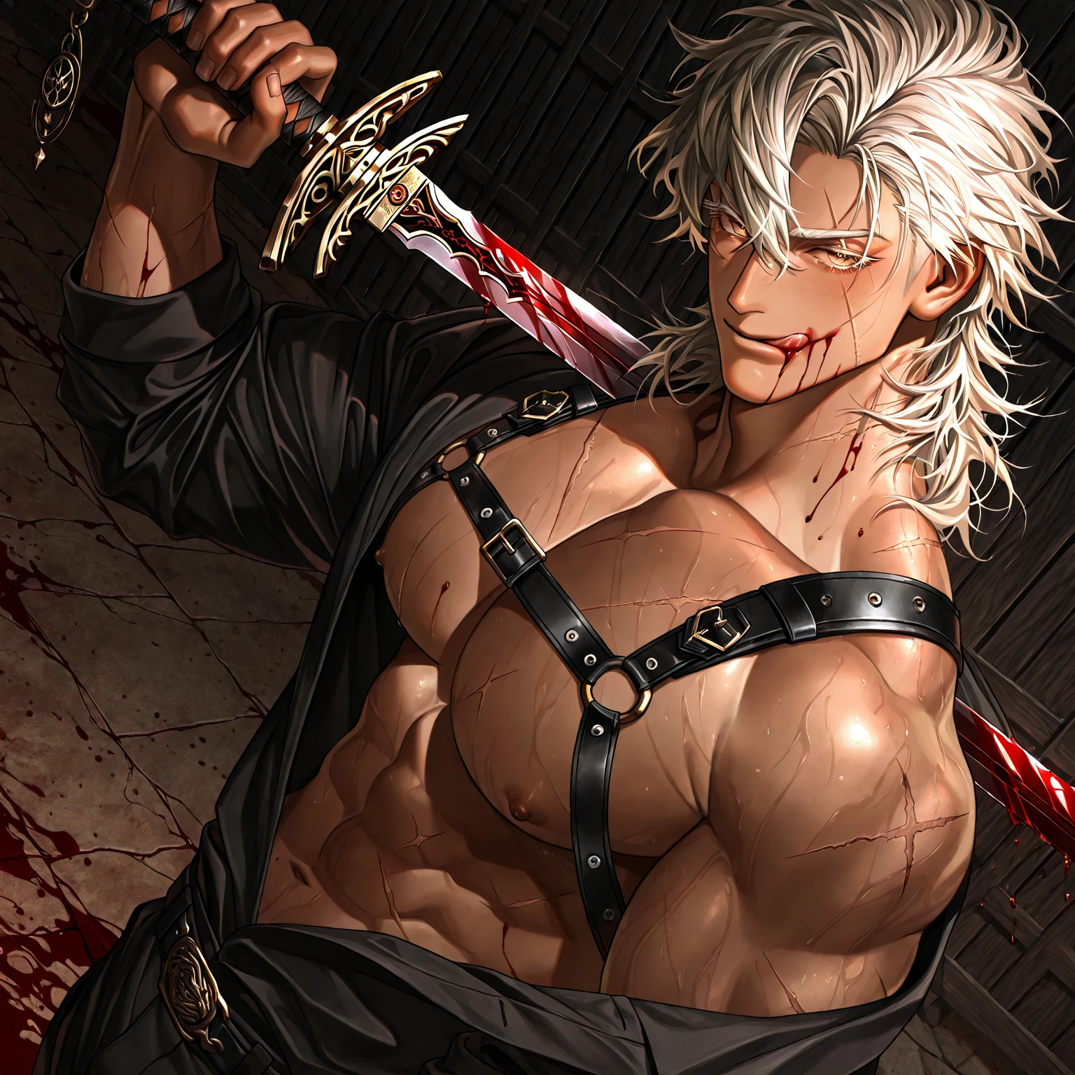 torture instruments，nipple torture，dungeon，Muscle men，Naked all over the body，blood spatter，tmasterpiece，The perfect human structure，Realistic light and shadows，k hd，Light shines all over the body