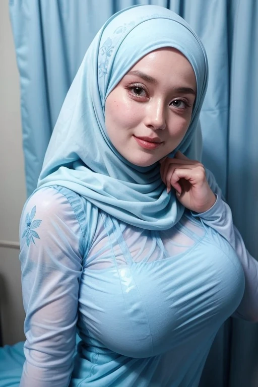 50 years Old, Hijab Indonesian mature woman, Big Tits : 66.9, Gamis, Breast out from her clothes : 1.9, at doctor office, Dark light, at Nighttime