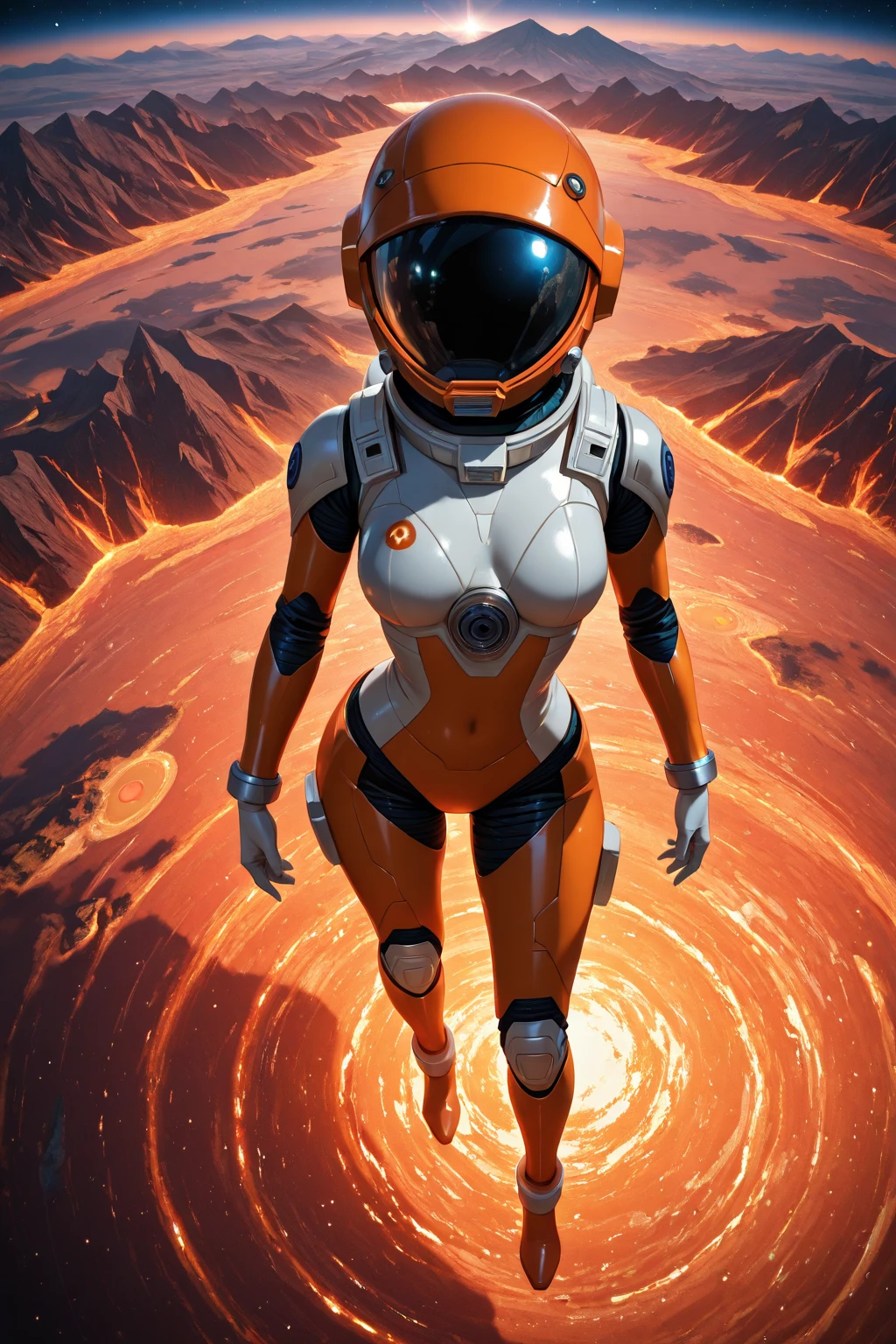 rear angle, Highly detailed RAW color Photo, Rear Angle, Full Body, of (female space soldier, wearing orange and white  Plugsuit, helmet, accentuated booty), outdoors, (looking up at advanced alien structure, on alien planet), toned body, big butt, (sci-fi), (mountains:1.1), (lush green vegetation), (two moons in sky:0.8), (highly detailed, hyperdetailed, intricate), ((DAY TIME)), (lens flare:0.7), (bloom:0.7), particle effects, raytracing, cinematic lighting, shallow depth of field, photographed on a Sony a9 II, 50mm wide angle lens, sharp focus, cinematic film still from Gravity 2013, ((Worm's perspective))