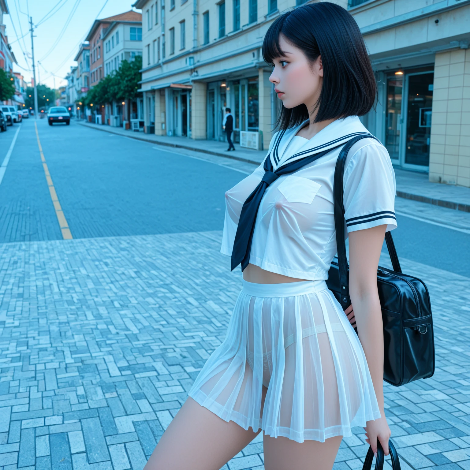White,Short skirt,Suspenders,Lying on the ground,Underwear Rain,Soaked,Fit in shape