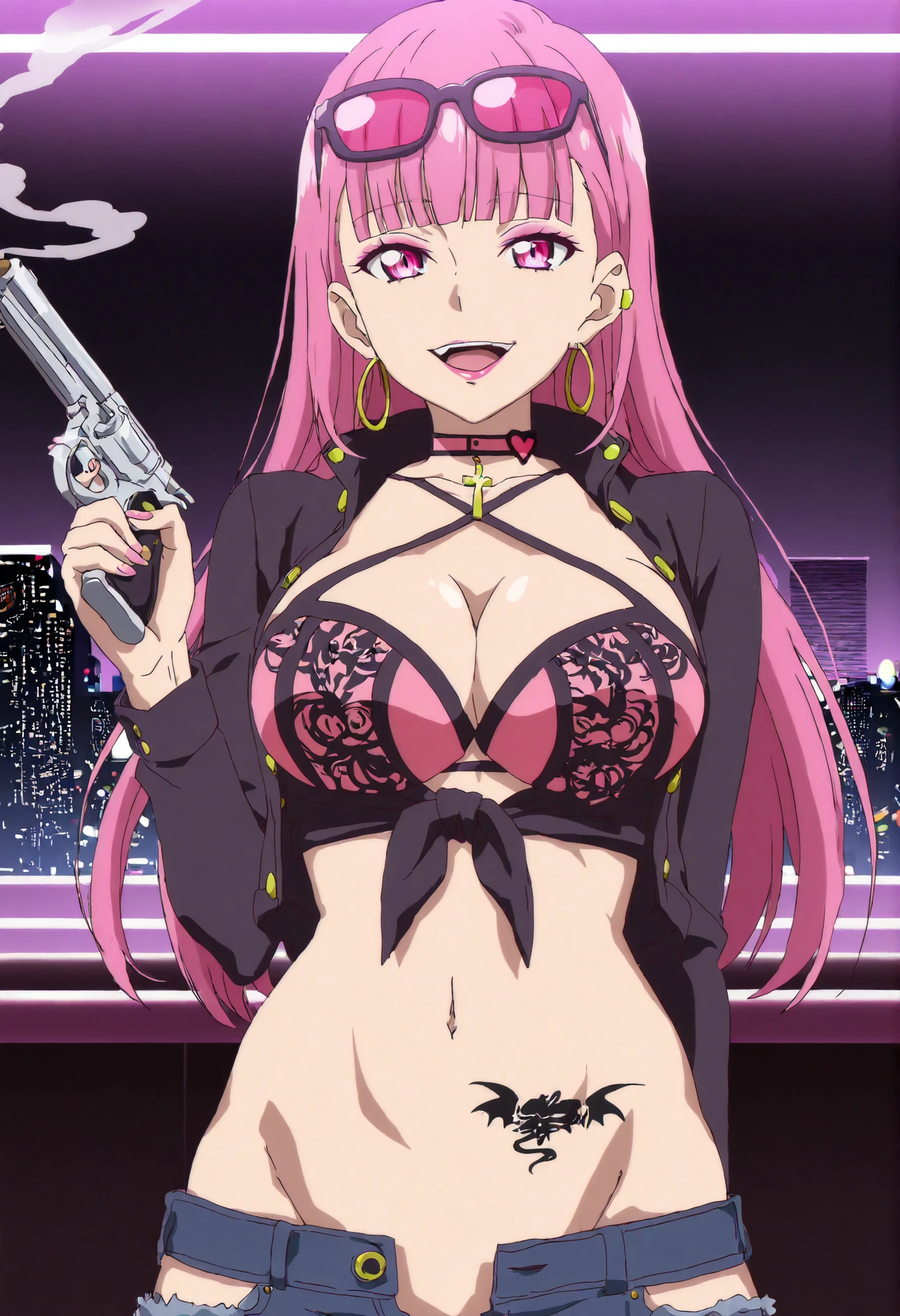 anime coloring BREAK source_anime, detailed, masterpiece, 4k, best quality, newest, highres, high contrast, bright colors, solo,
Moco, long hair, pink hair, straight hair,
collarbone, hoop earrings, pink eyes, pink eyeshadow, , choker,
looking at viewer, eyecontact, detailed pupils,
eyelashes, lipstick, ear piercing, long hair, , lipstick,Hot girl, baddie, smoking, sensual, attractive , choker, ,cross necklace, bar background, inside bar,indoors, cityscape, casino, nightclub, city lights, jeans(show off panties,:1.2, no panties),masterpiece,high quality,4k,belly,,holding pistol,cleavage, tied shirt,,unbuttoned shirt, collared shirt, knot, smile, open mouth, (nsfw) not safe for work, evil expression,belly, exposed navel, exposed midriff, exposed lower belly,dragon print jacket, unbuttoned jeans , low rise black jeans, Low rise jeans with open fly, motorcycle jacket, criss-cross halter with center opening, shoulder holster, sunglasses on head, , medium breast ,looking at viewer , dragon tattoo on waist,, tattoo on waist, anipai_style , anime screencap , anime coloring,