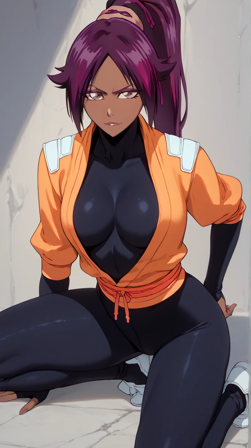 erotic girl, depth of field, cinematic lighting, realism, full body, dark skin, brunette skin tone, yellow eyes, 1girl, Yoruichi_Bleach, yellow eyes, ((Yoruichi Shihouin)), in her room, wearing colorful purple pajamas, cleavage, deep cleavage, perfect eyes, masterpiece, best quality, 4K, HDR, cinematic lighting, Yoruichi_Bleach, photorealistic,