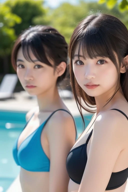 one girl、((smile:0.1))、Medium Bob、Half-up hairstyle、brown hair、delicate girl、Upper body、small breasts、unreasonable precision、Super detailed、completely flat、Honesty、professional lighting, film grain, chromatic aberration, (Eye and face details:1.0), (bokeh:1.1)、software:1.5)))、 highest quality, 8K, 17 years、Wearing a headband、Lol、Pool at night、High School Uniform、