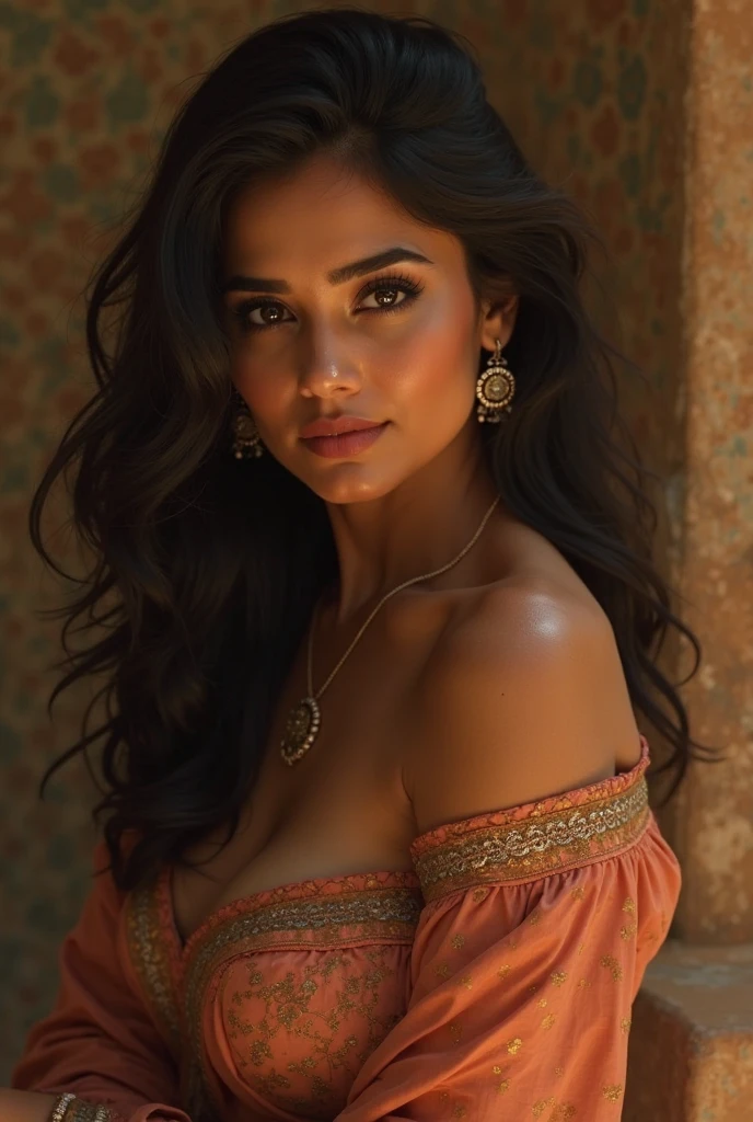 bitchy girl with tanned skin, greyhound look of a whore, medieval style, Brown eyes, dark hair