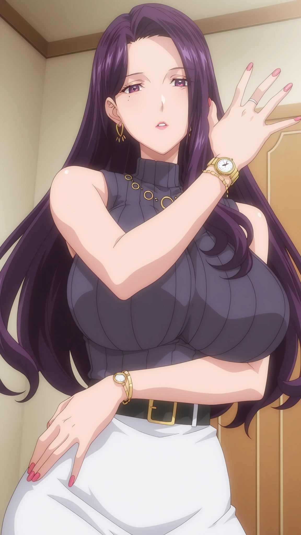 Albedo,Overlord,long curly drill hair,Purple lips,eyeshadow, Sleeved thin Black frill dress with cleavage,,Fullbody,Big breast,Wide hips,Jewel necklace,big chandeller earring,diamond Wedding ring,Detailed face,Bare neck,Enter the hall,Jewel ring,black long nail,professional makeup,Mature,Detailed eyes,curvy figure,Wide hip