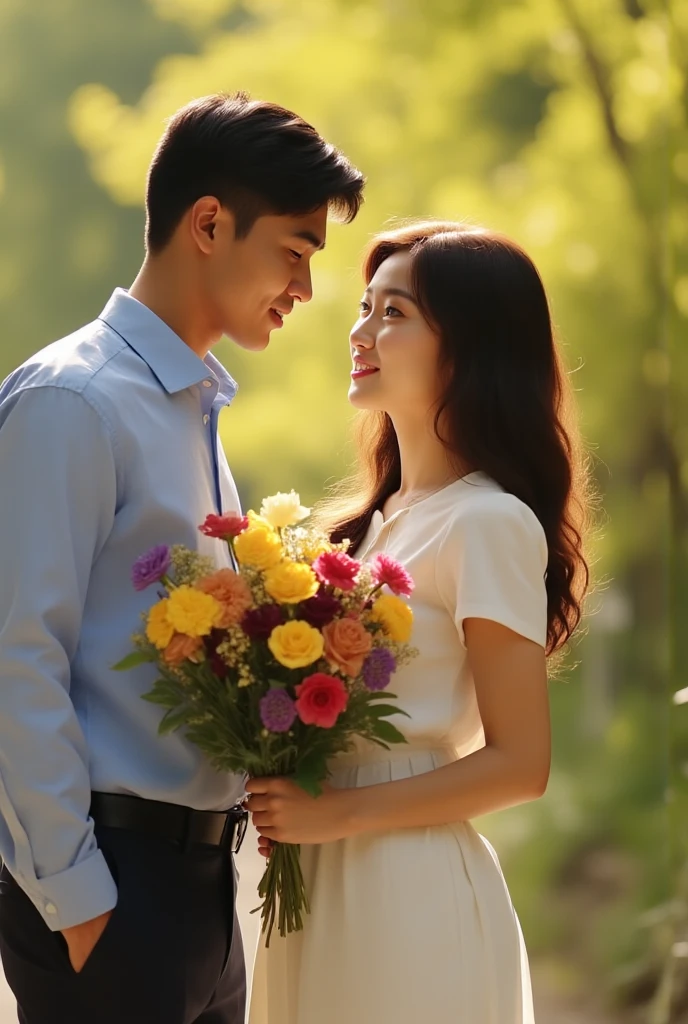 (masterpiece:1.2), high quality, high resolution, a 25-year-old man with his first girlfriend, black curly hair, wearing glasses, suit without a jacket, woman in a white dress, talking happily in a park, romantic atmosphere, soft lighting, gentle smiles, detailed, intricate, beautiful lighting, natural background, romantic style