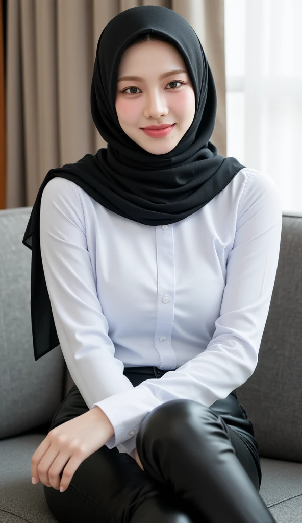 woman,((30 years old)), black hijab, black shirt, beautiful face, white skin, soft smile, long pants
