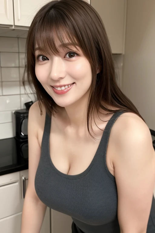 (Best quality, 8k, masterpiece: 1.3), a beautiful woman with perfect figure: 1.4, dark brown hair, wearing a pendant, wearing an apron, in the kitchen, highly detailed face and skin, detailed eyes, double eyelids, big breasts, smile