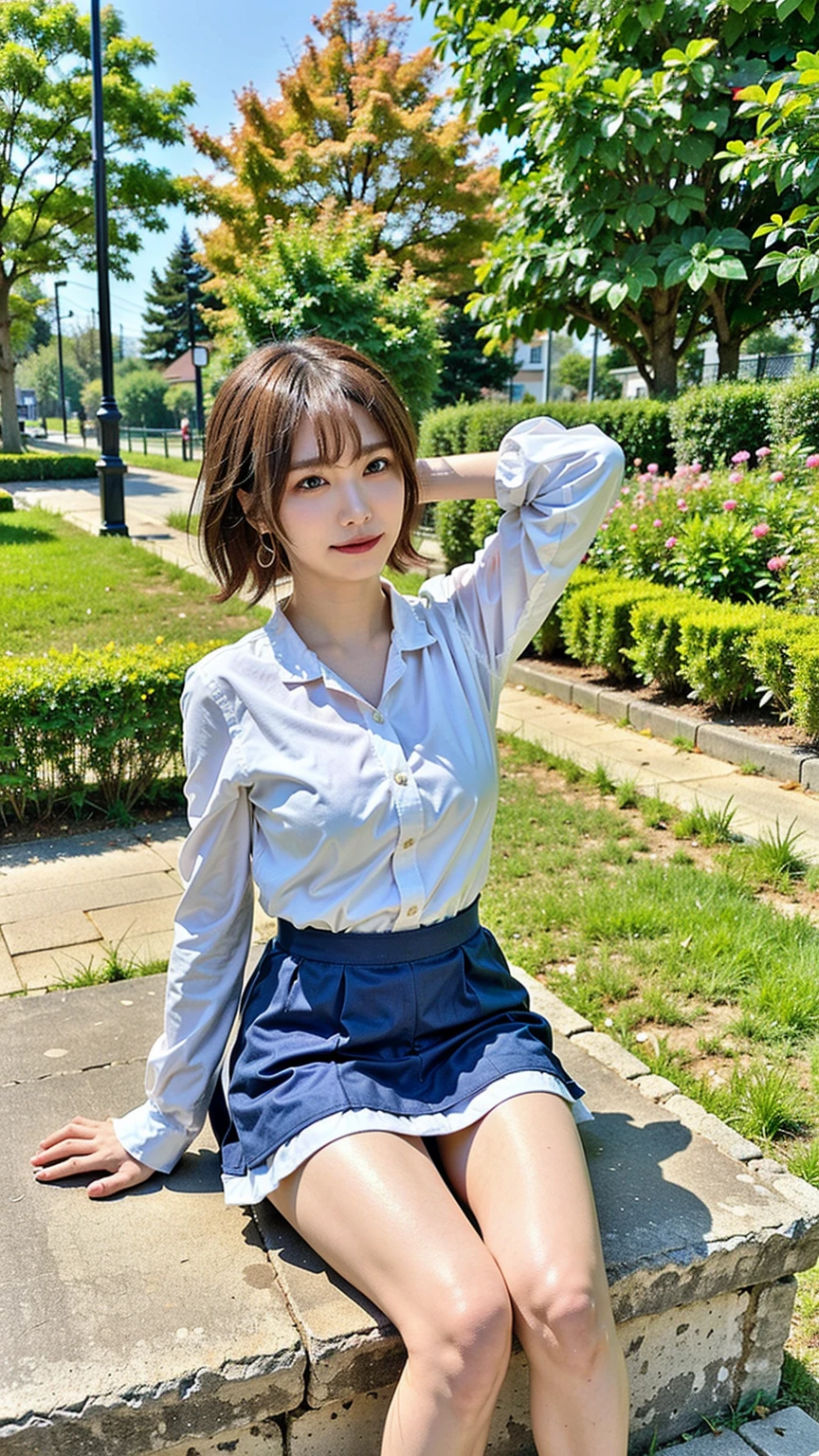 、A smile full of happiness、((Nearly naked:1.3))、Nearly naked、、grass、sweating、standing、(((Long legs、Thighs Thighs Thighs Thighs)))、Sun visor、Medium Hair、Cleavage、One girl,Golf Players,Perfect Face,Crispy breasts, Uneven buttocks,Pastel color sports short sleeve,(((short tight white skirt))),White sports socks,White shoes,Wet body,Swinging a golf club,Golf course,sunny day,cloud, Detailed Background, Clothing Details, Perfect balance, Film Grain, The Colors of Fuji, Light and dark contrast, masterpiece, High detail, high quality, High resolution, Cinema Lighting, 8K, Textured skin, Super detailed