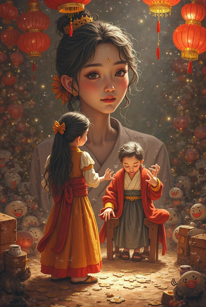 A captivating portrait of a beautiful young girl, with delicate features and rosy cheeks, adorned in traditional Chinese attire, stands next to a little boy, both of them gazing in wonderment at the enchanting sight of paper lanterns illuminating the night sky. The soft glow of the lanterns casts a warm, ethereal light on their faces, while the flickering flames of the nearby bonfire adds depth and contrast to the scene. This delightful moment, captured in the highest definition, invites an air of tranquility and magic, as the rich vibrant colors of the lanterns pop against the backdrop of the inky black night. This artwork, reminis
