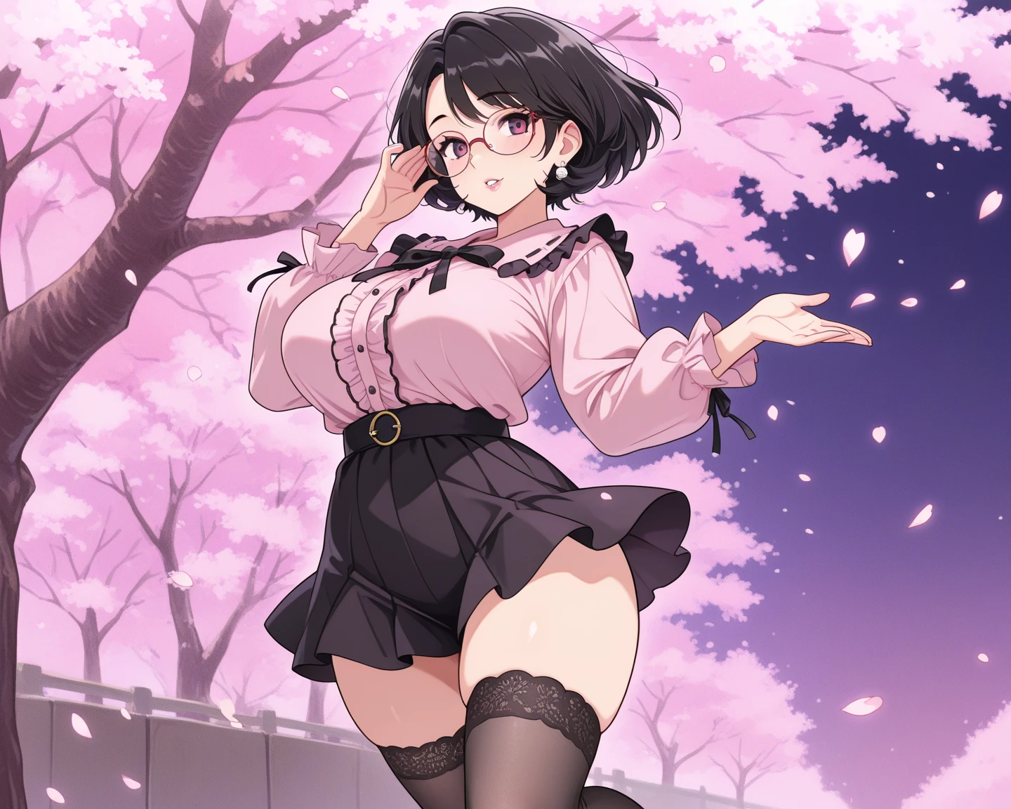 masterpiece, highest quality, best quality, 1girl, solo, looking at viewer, summer forest, evil,
uchiha healed, bare shoulders, black hair, blush, red frame glasses, short hair, forehead protector, arm warmers, bidarian, clenched hand, bandana on head, red eyes, sharingan, LS, CHROMATIC FREAK, high school, high, pink bra, pleated skirt, short pink hair, bangs covering one eye, drooping eyes, large breasts, thick thighs, ass up, bangs covering one eye